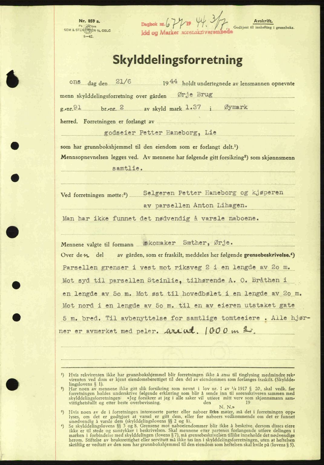 Idd og Marker sorenskriveri, AV/SAO-A-10283/G/Gb/Gbb/L0007: Mortgage book no. A7, 1944-1945, Diary no: : 677/1944