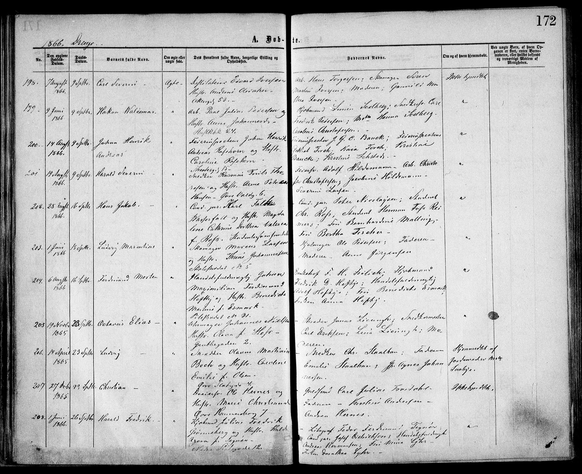 Trefoldighet prestekontor Kirkebøker, SAO/A-10882/F/Fa/L0002: Parish register (official) no. I 2, 1863-1870, p. 172