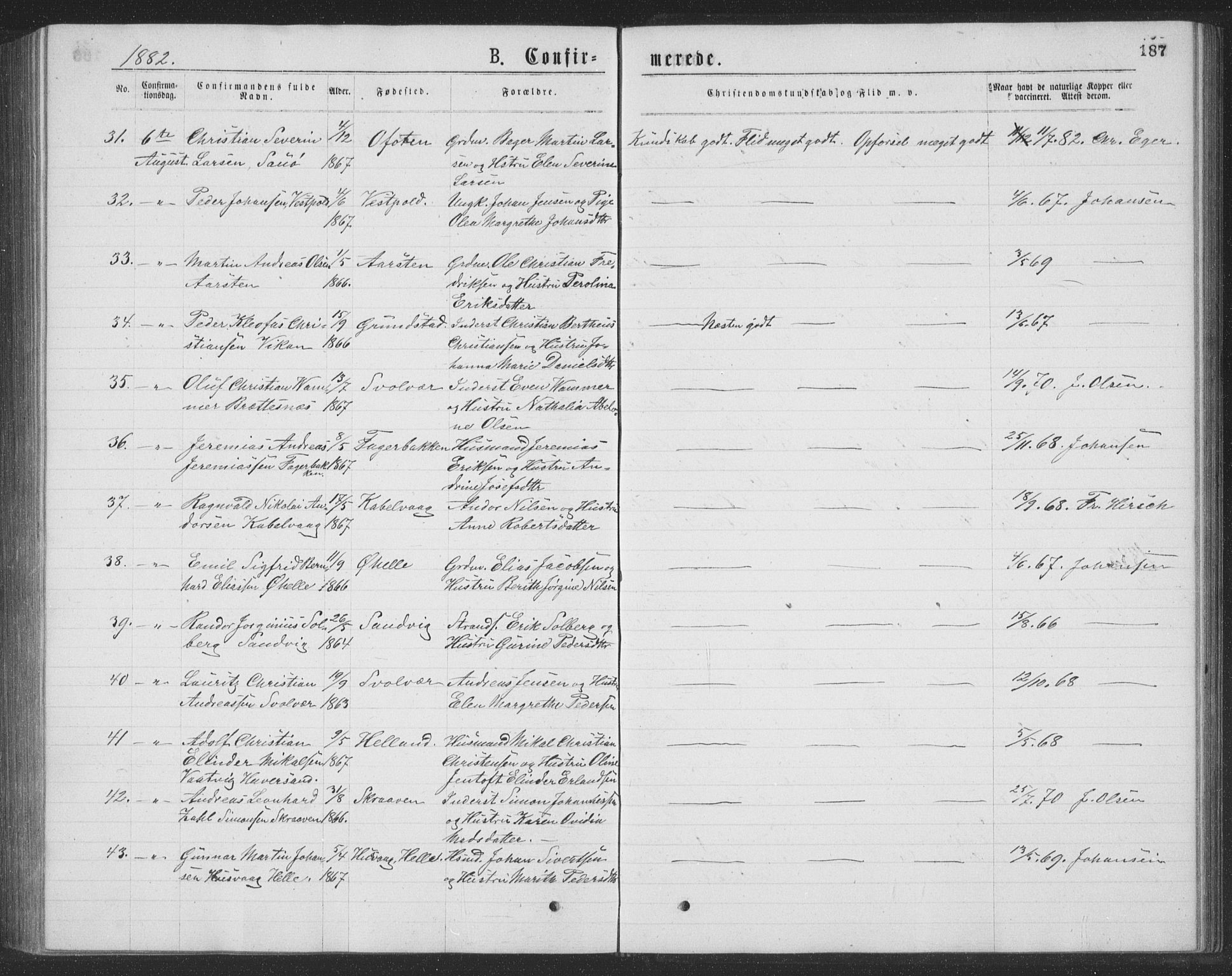 Ministerialprotokoller, klokkerbøker og fødselsregistre - Nordland, AV/SAT-A-1459/874/L1075: Parish register (copy) no. 874C04, 1876-1883, p. 187