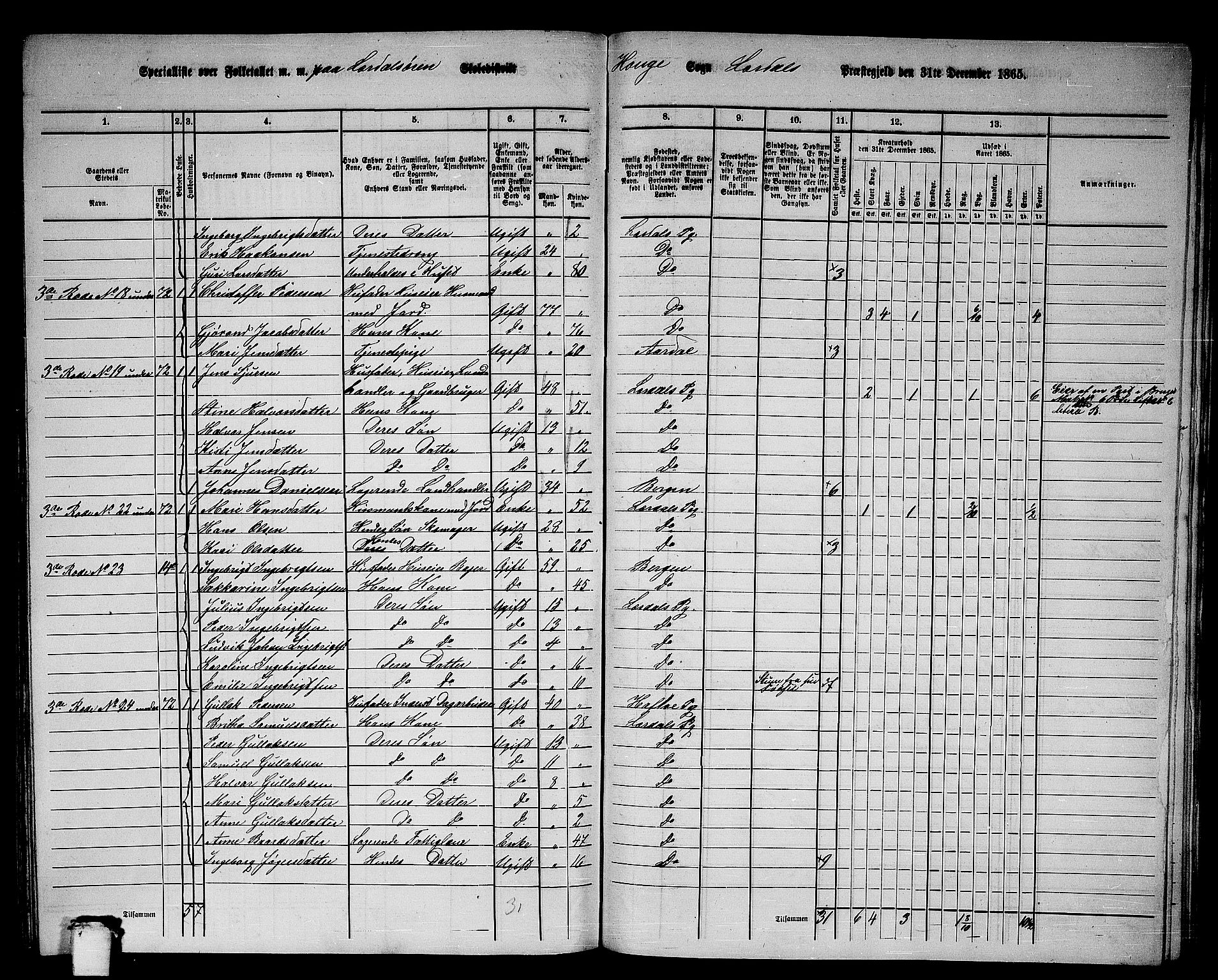 RA, 1865 census for Lærdal, 1865, p. 141