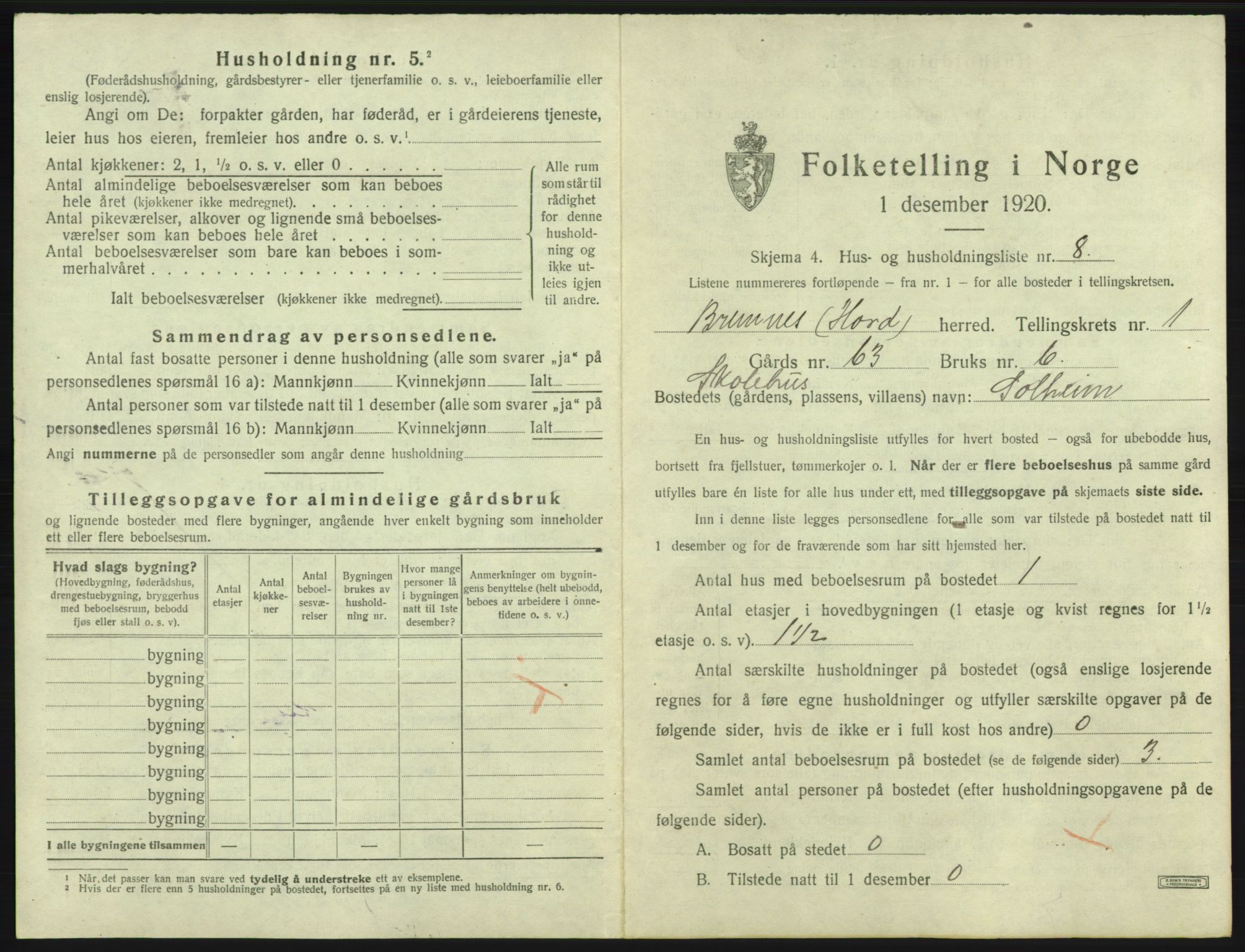 SAB, 1920 census for Bremnes, 1920, p. 57