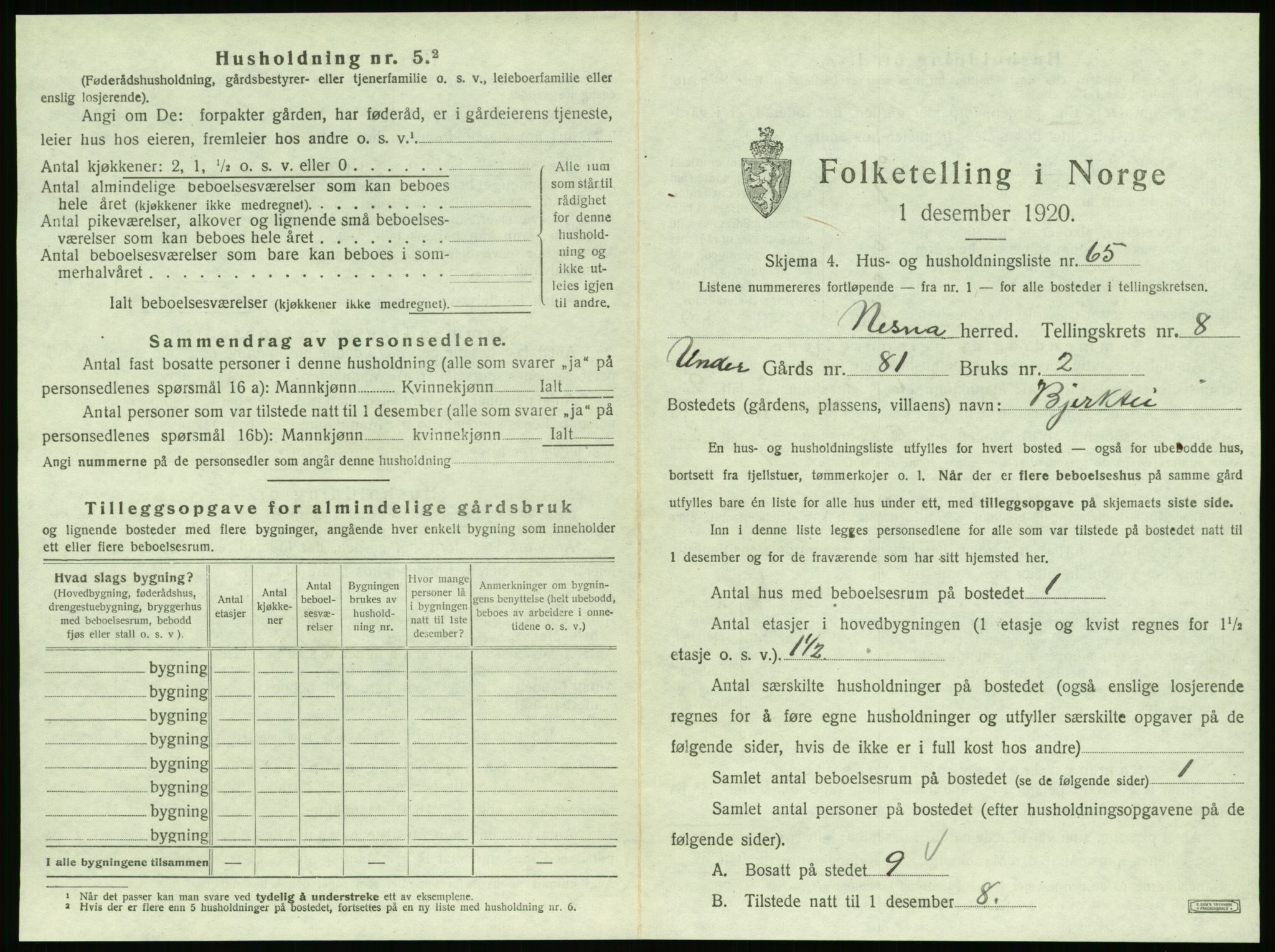 SAT, 1920 census for Nesna, 1920, p. 1059