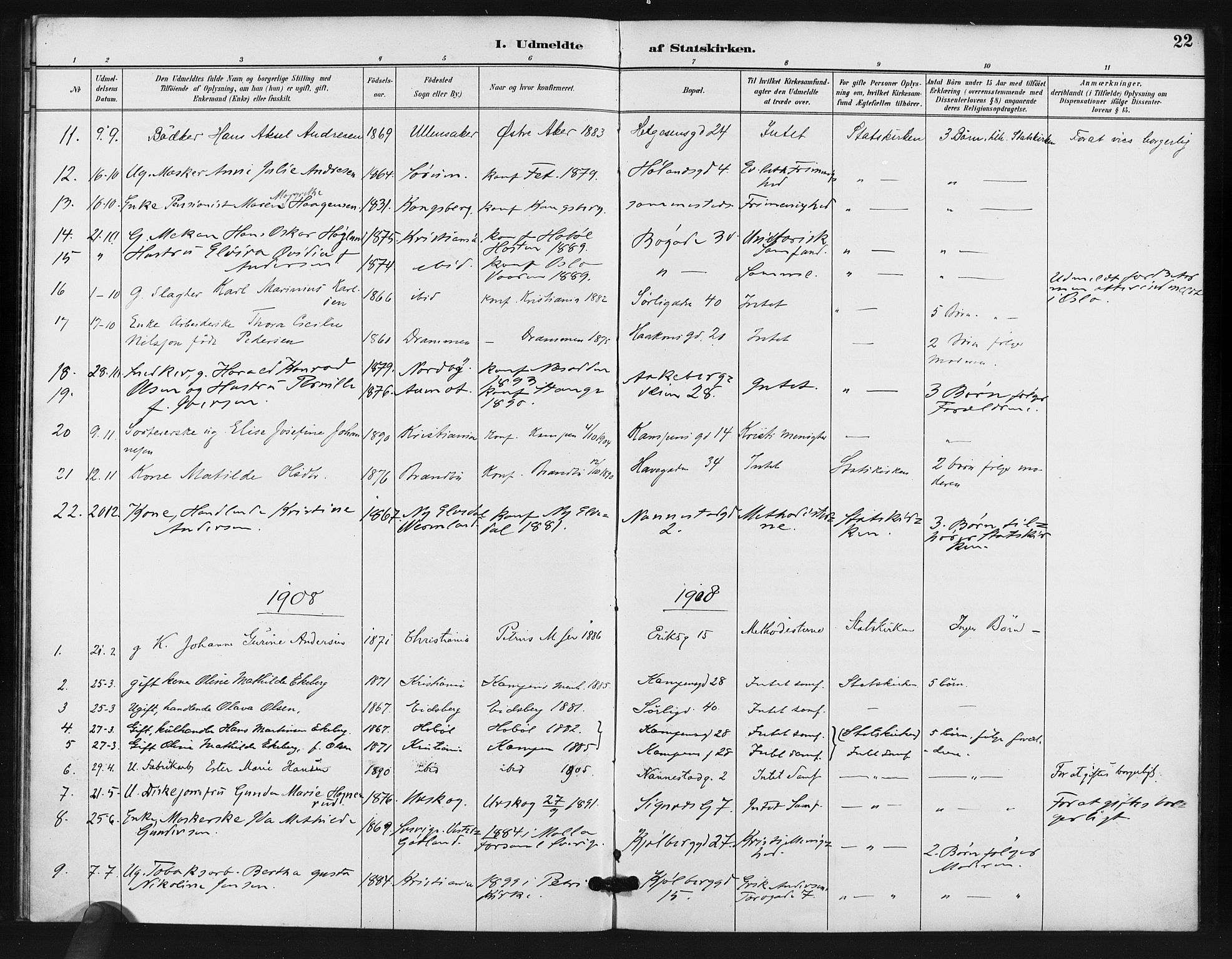 Kampen prestekontor Kirkebøker, AV/SAO-A-10853/F/Fb/L0002: Parish register (official) no. II 2, 1890-1911, p. 22