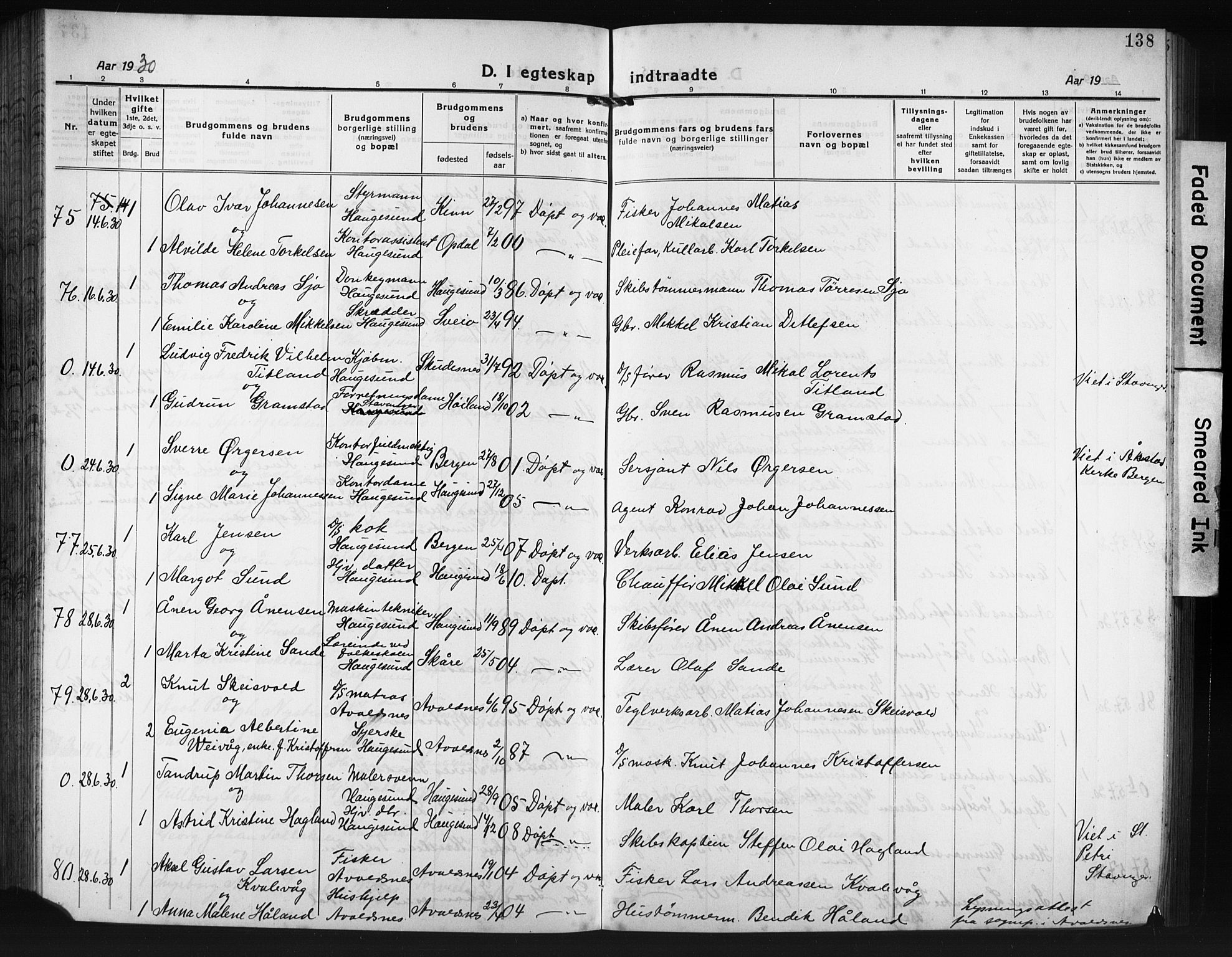 Haugesund sokneprestkontor, AV/SAST-A -101863/H/Ha/Hab/L0010: Parish register (copy) no. B 10, 1920-1931, p. 138