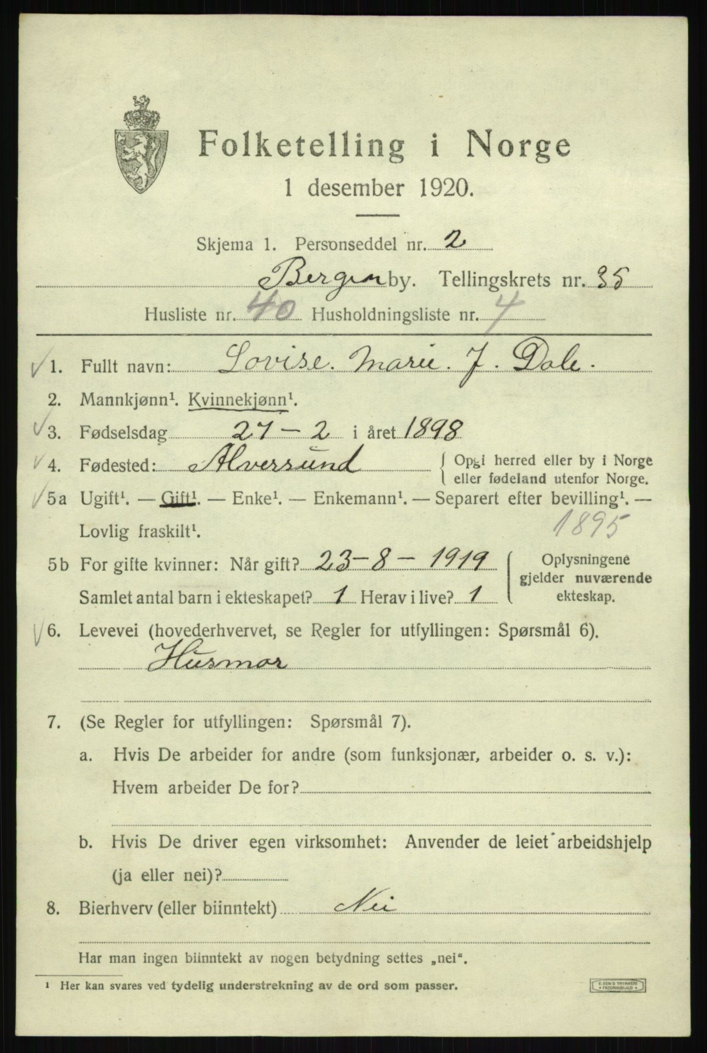 SAB, 1920 census for Bergen, 1920, p. 102794