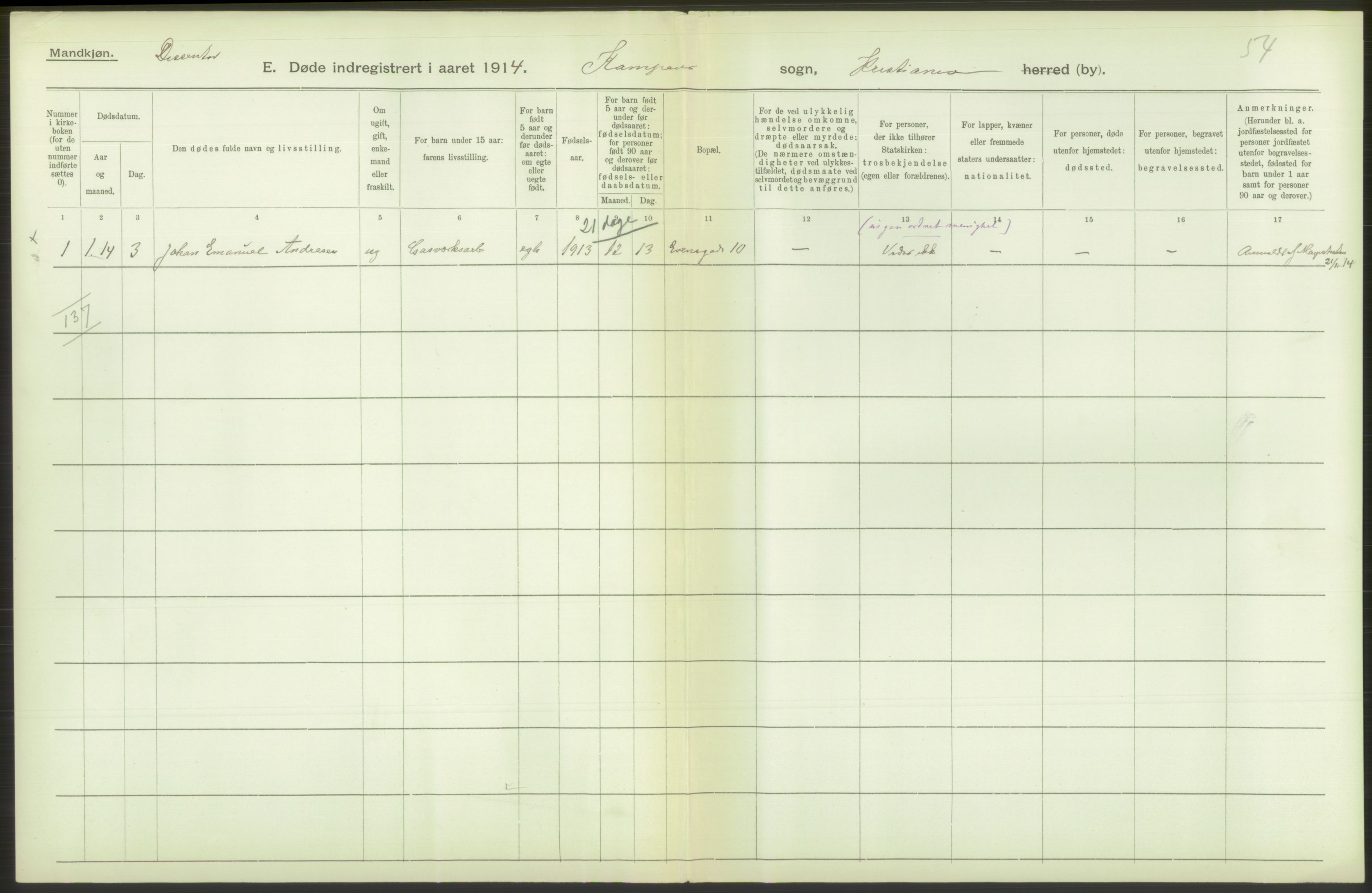 Statistisk sentralbyrå, Sosiodemografiske emner, Befolkning, RA/S-2228/D/Df/Dfb/Dfbd/L0008: Kristiania: Døde, 1914, p. 398