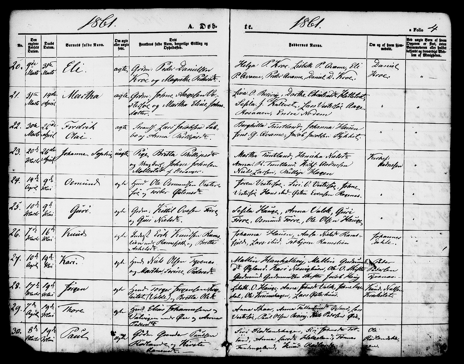 Hjelmeland sokneprestkontor, AV/SAST-A-101843/01/IV/L0011: Parish register (official) no. A 11, 1861-1878, p. 4