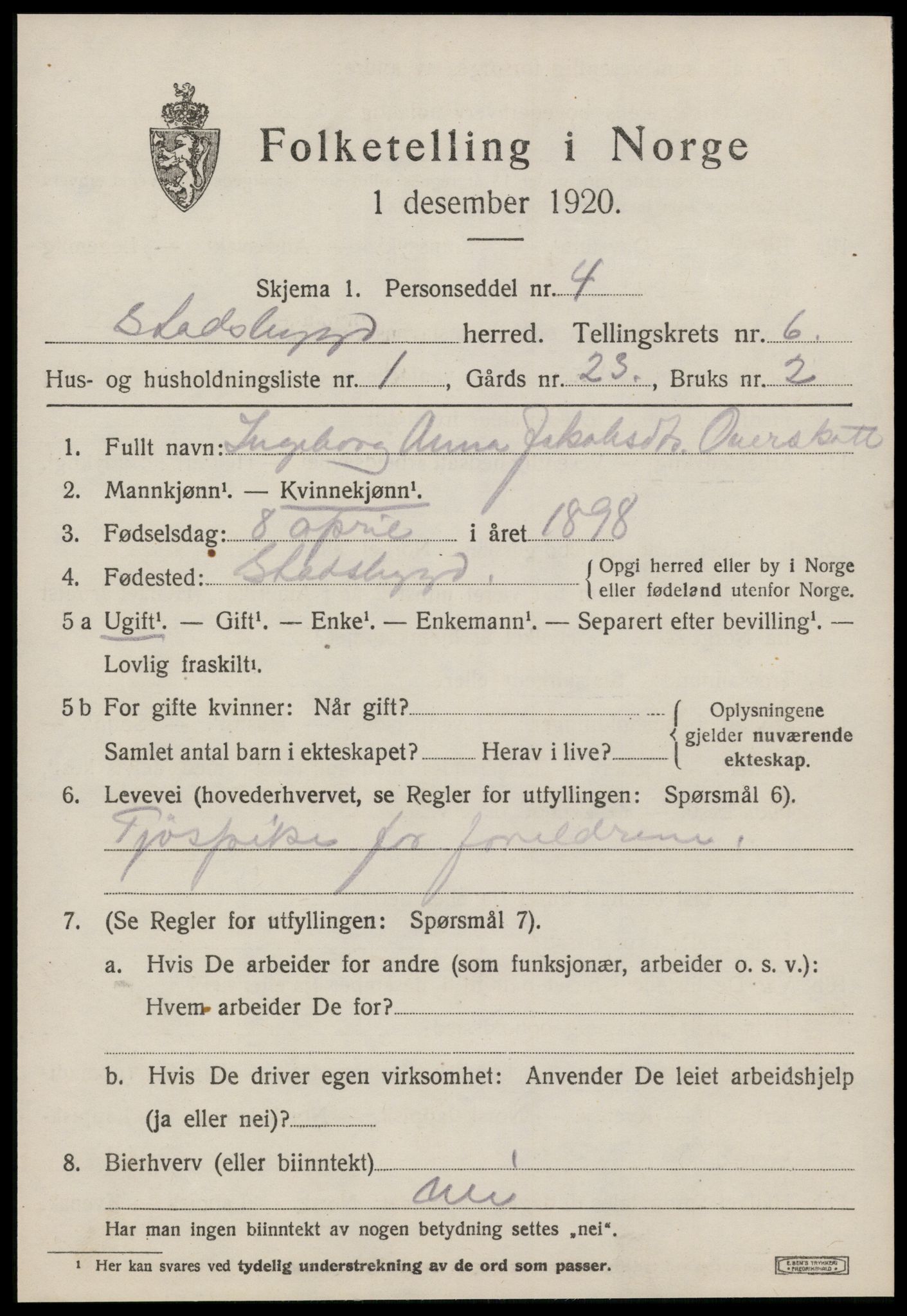 SAT, 1920 census for Stadsbygd, 1920, p. 3050