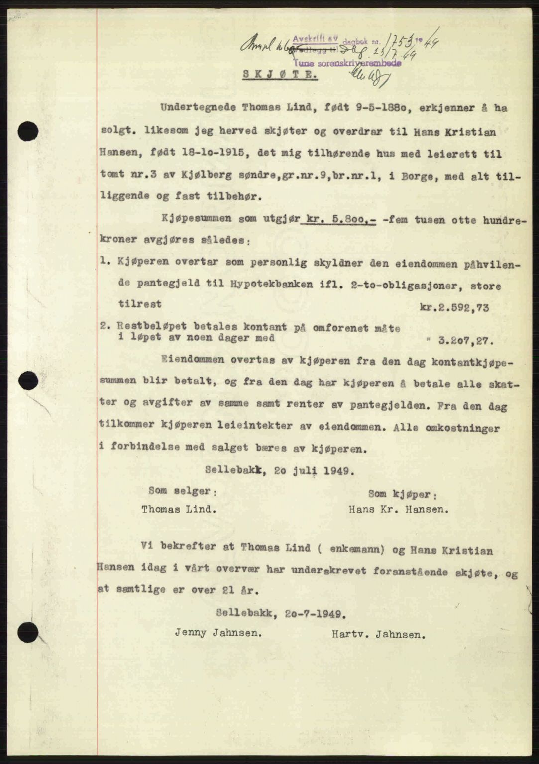 Tune sorenskriveri, AV/SAO-A-10470/G/Gb/Gbg/Gbga/L0004: Mortgage book no. A16-20, 1948-1950, Diary no: : 1753/1949
