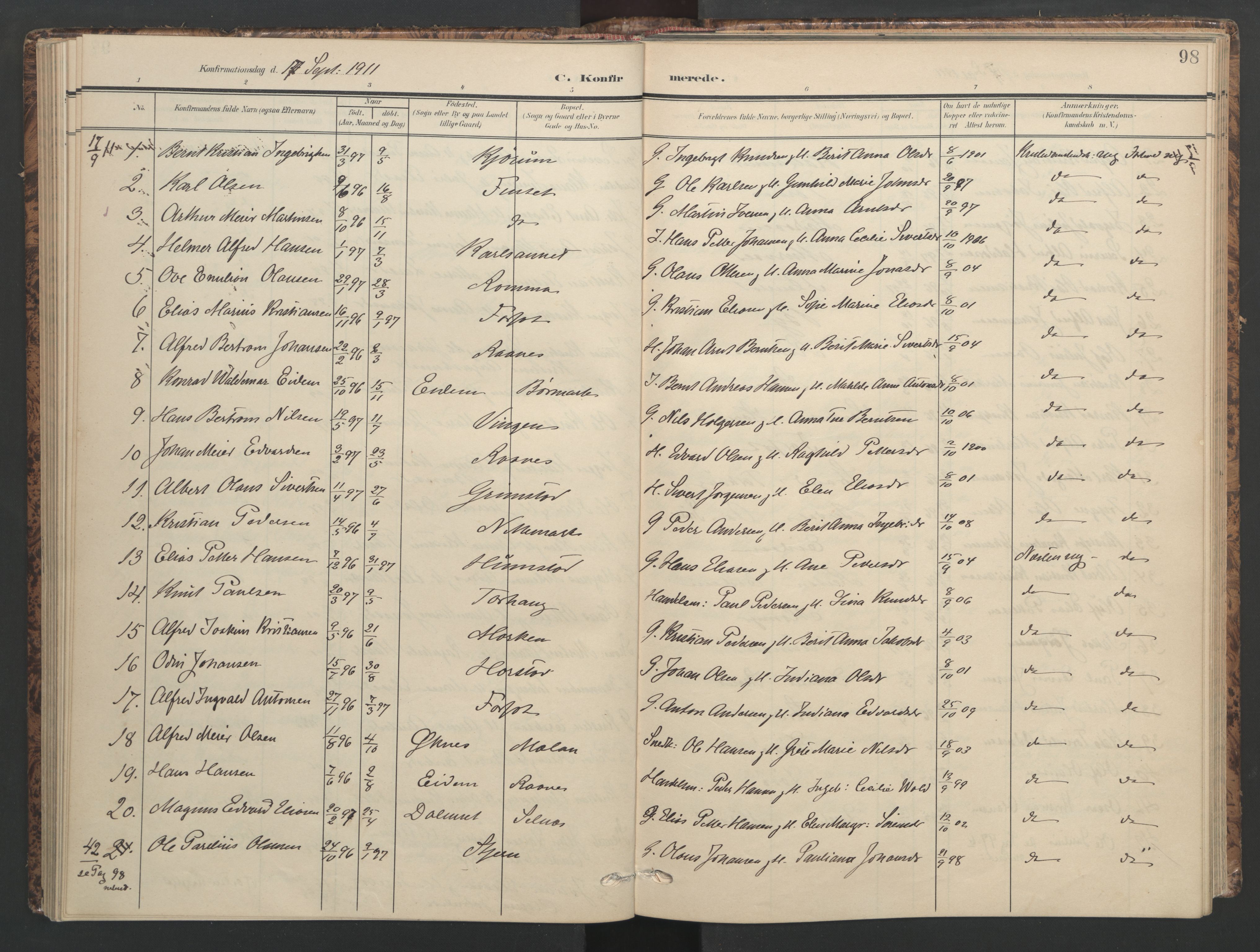 Ministerialprotokoller, klokkerbøker og fødselsregistre - Sør-Trøndelag, SAT/A-1456/655/L0682: Parish register (official) no. 655A11, 1908-1922, p. 98