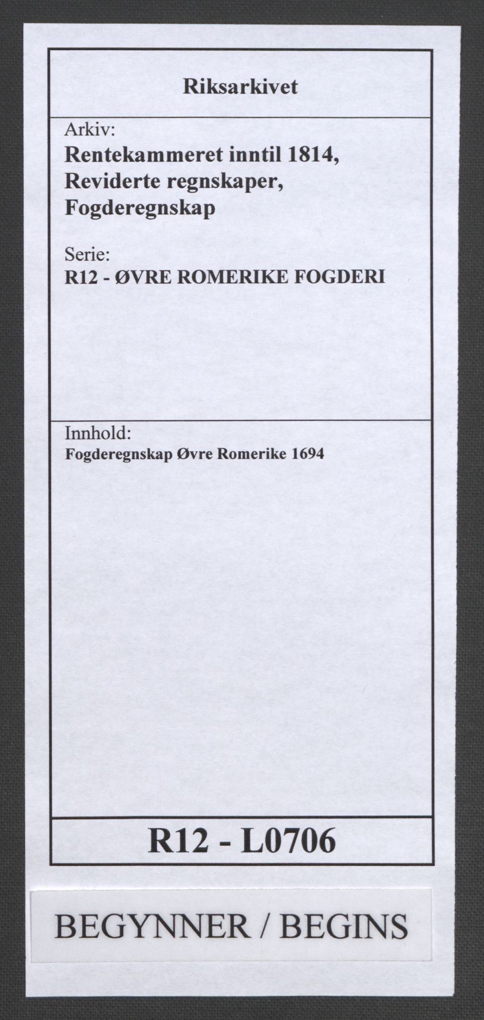 Rentekammeret inntil 1814, Reviderte regnskaper, Fogderegnskap, RA/EA-4092/R12/L0706: Fogderegnskap Øvre Romerike, 1694, p. 1