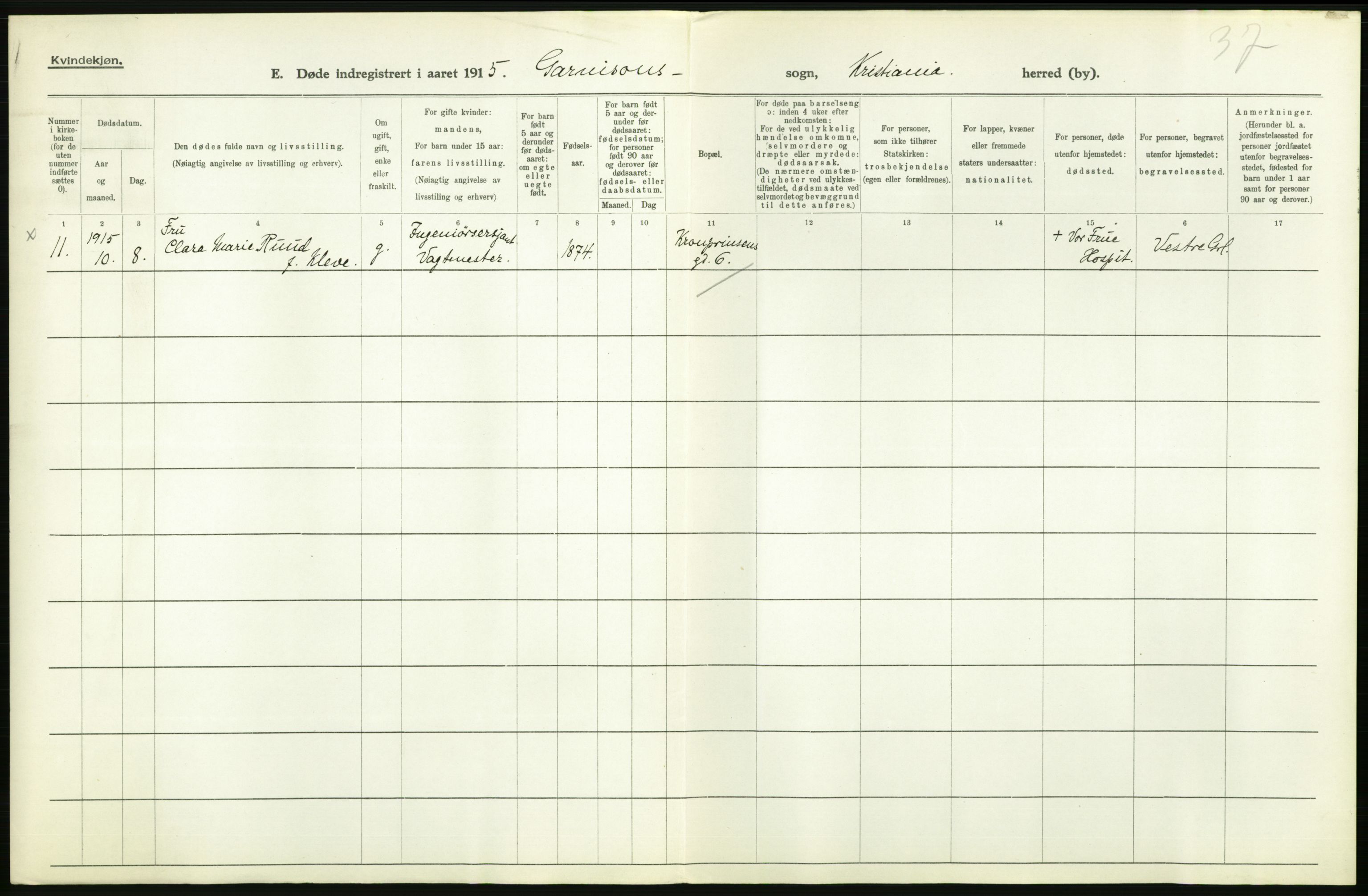 Statistisk sentralbyrå, Sosiodemografiske emner, Befolkning, RA/S-2228/D/Df/Dfb/Dfbe/L0010: Kristiania: Døde, dødfødte., 1915, p. 330