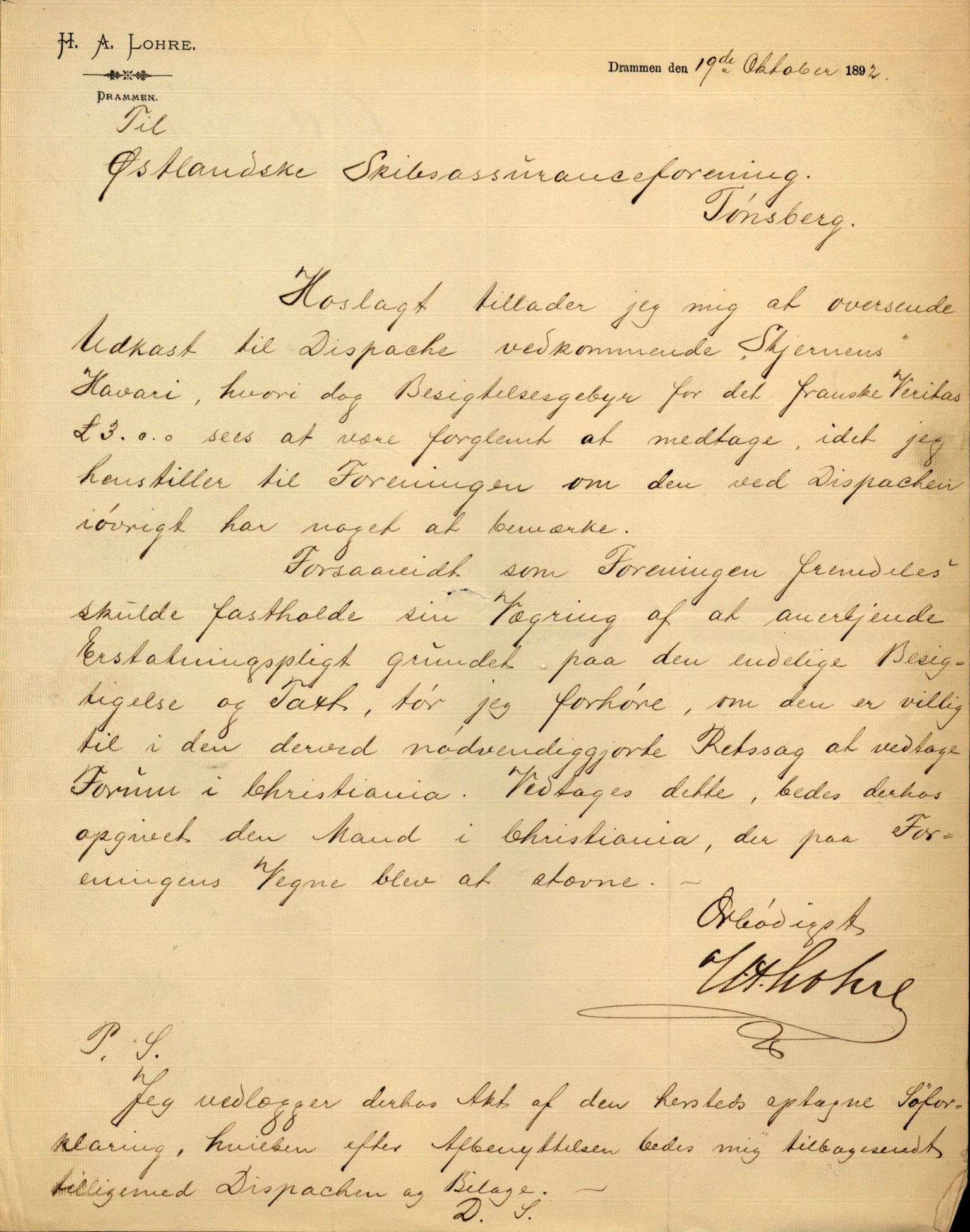 Pa 63 - Østlandske skibsassuranceforening, VEMU/A-1079/G/Ga/L0028/0005: Havaridokumenter / Tjømø, Magnolia, Caroline, Olaf, Stjernen, 1892, p. 199