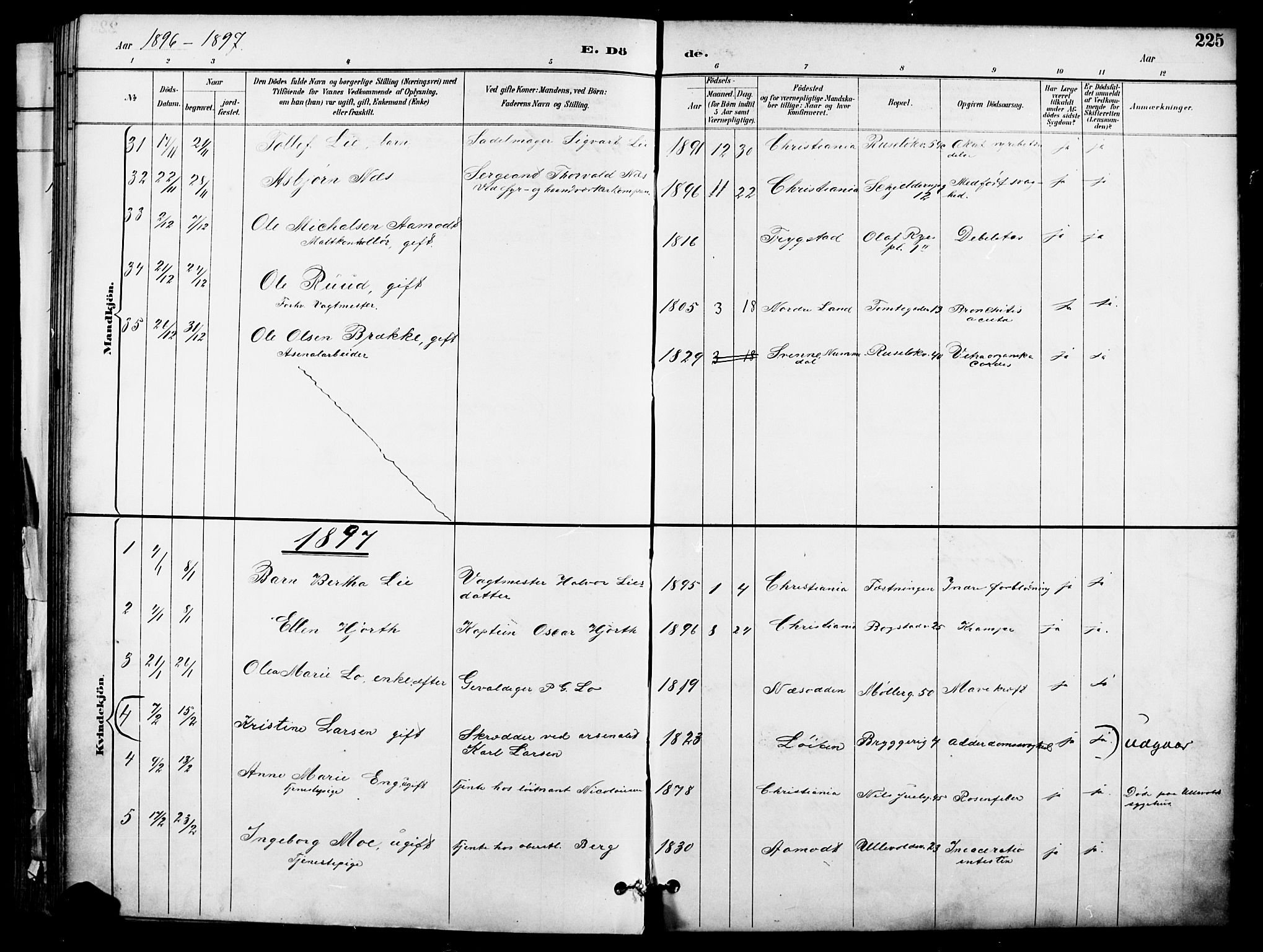 Garnisonsmenigheten Kirkebøker, AV/SAO-A-10846/F/Fa/L0013: Parish register (official) no. 13, 1894-1904, p. 225