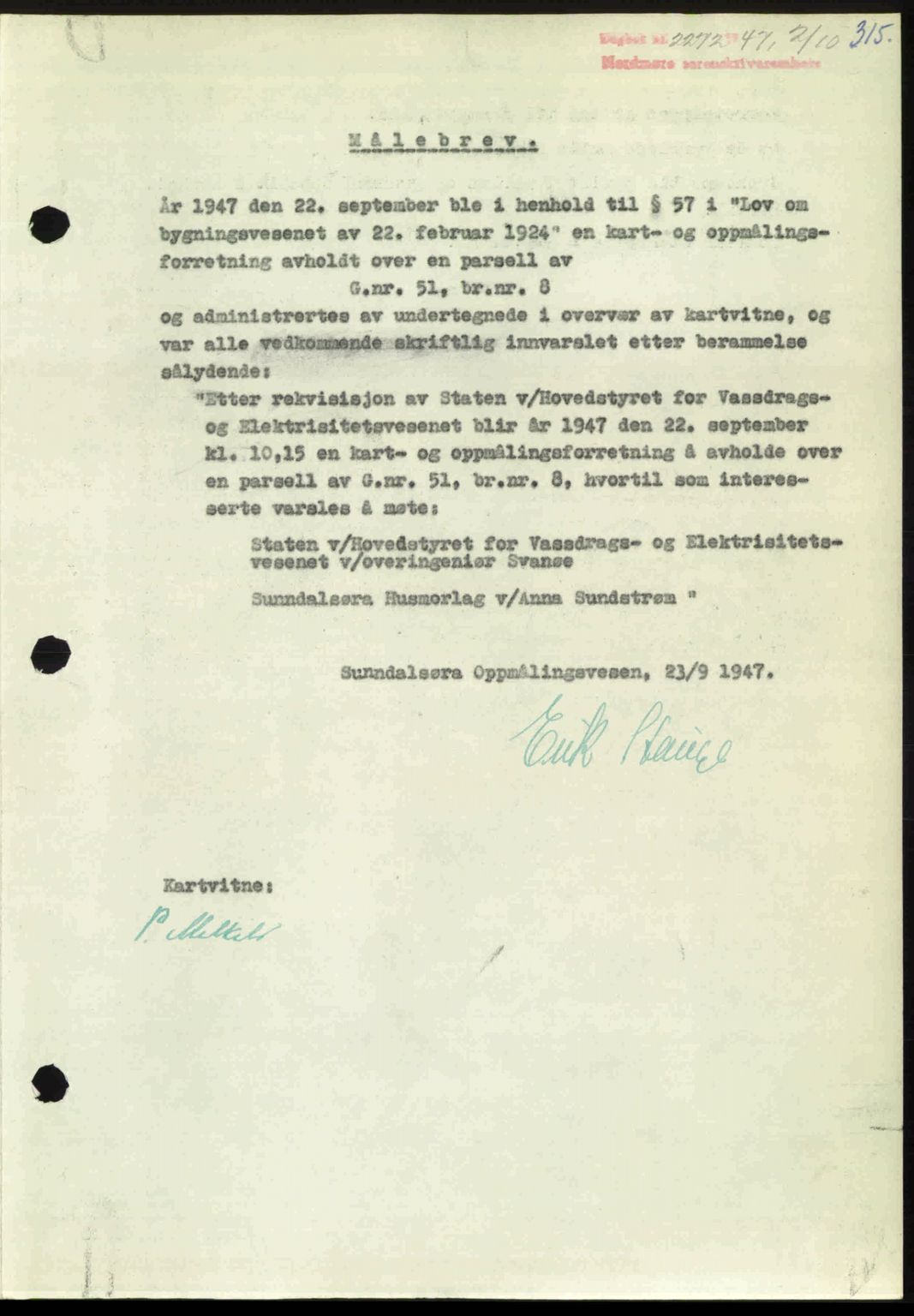 Nordmøre sorenskriveri, AV/SAT-A-4132/1/2/2Ca: Mortgage book no. A106, 1947-1947, Diary no: : 2272/1947