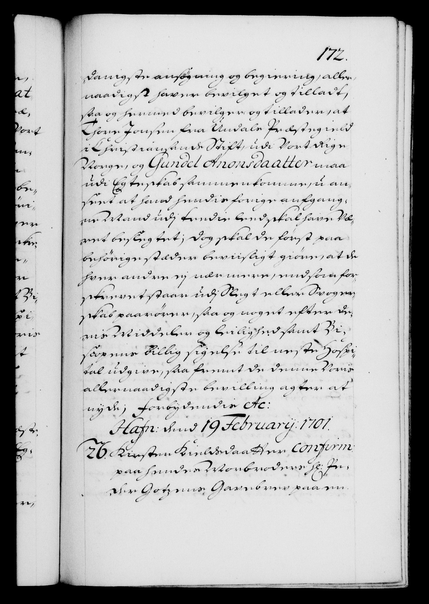 Danske Kanselli 1572-1799, AV/RA-EA-3023/F/Fc/Fca/Fcaa/L0018: Norske registre, 1699-1703, p. 172a