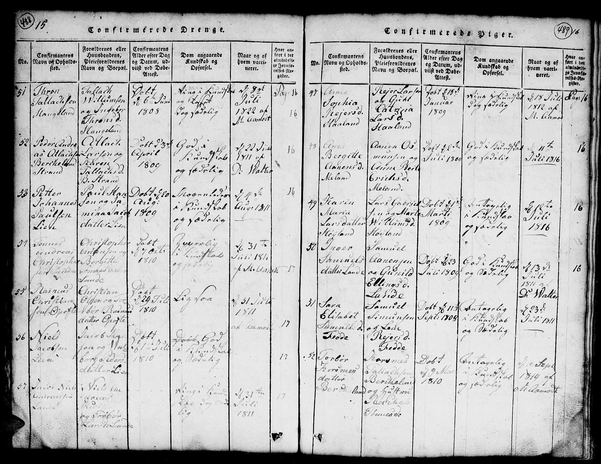 Kvinesdal sokneprestkontor, AV/SAK-1111-0026/F/Fb/Fba/L0001: Parish register (copy) no. B 1, 1815-1839, p. 488-489