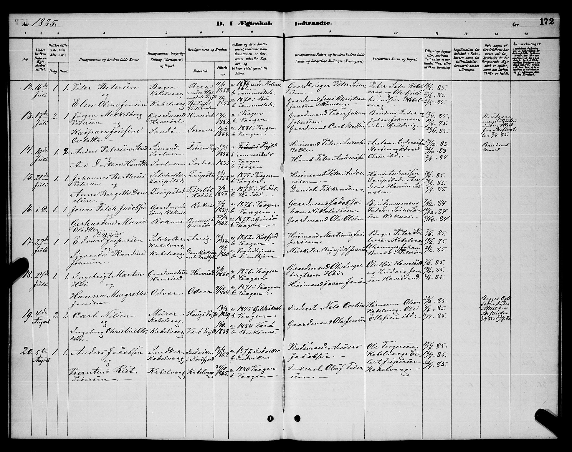 Ministerialprotokoller, klokkerbøker og fødselsregistre - Nordland, AV/SAT-A-1459/874/L1076: Parish register (copy) no. 874C05, 1884-1890, p. 172