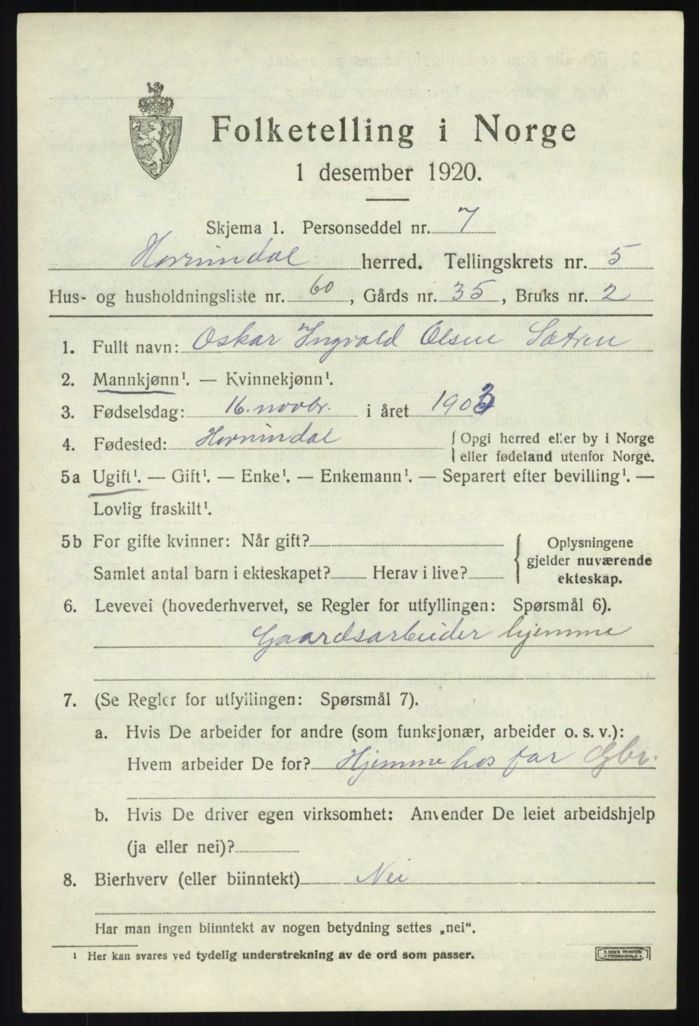 SAB, 1920 census for Hornindal, 1920, p. 3124