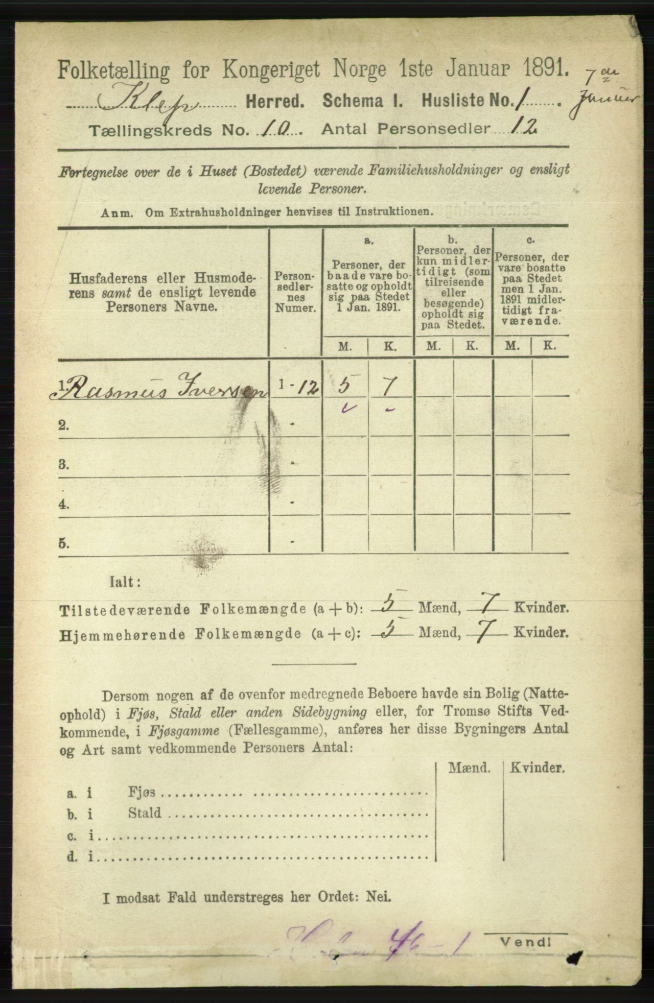 RA, 1891 census for 1120 Klepp, 1891, p. 2819