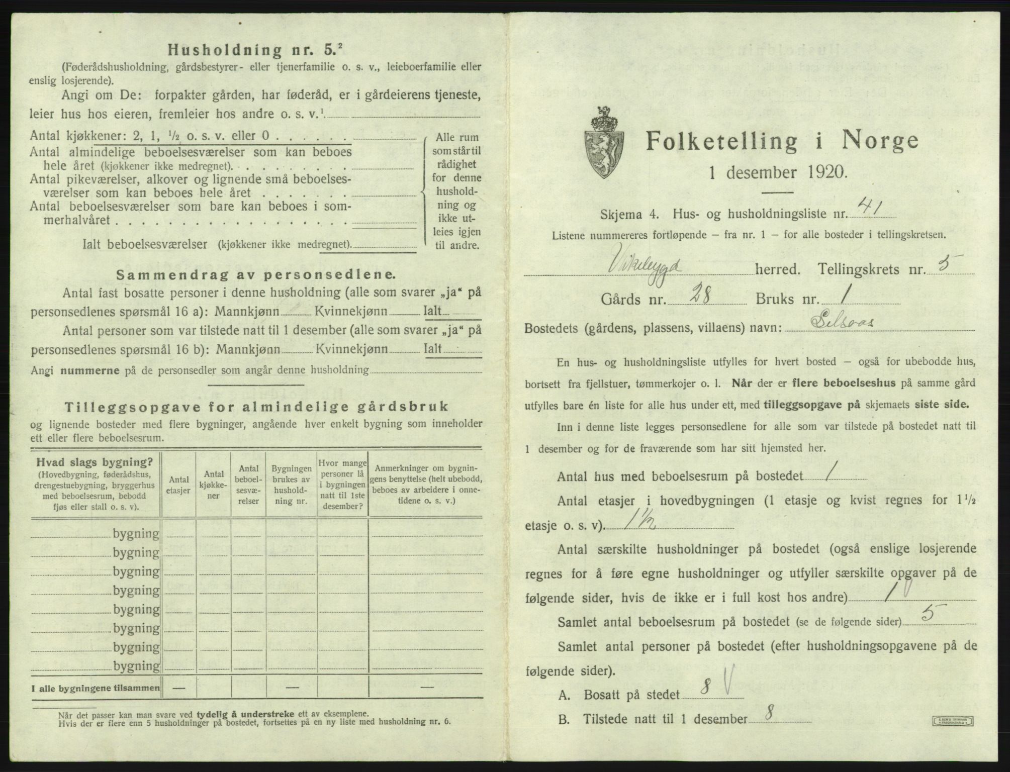 SAB, 1920 census for Vikebygd, 1920, p. 360