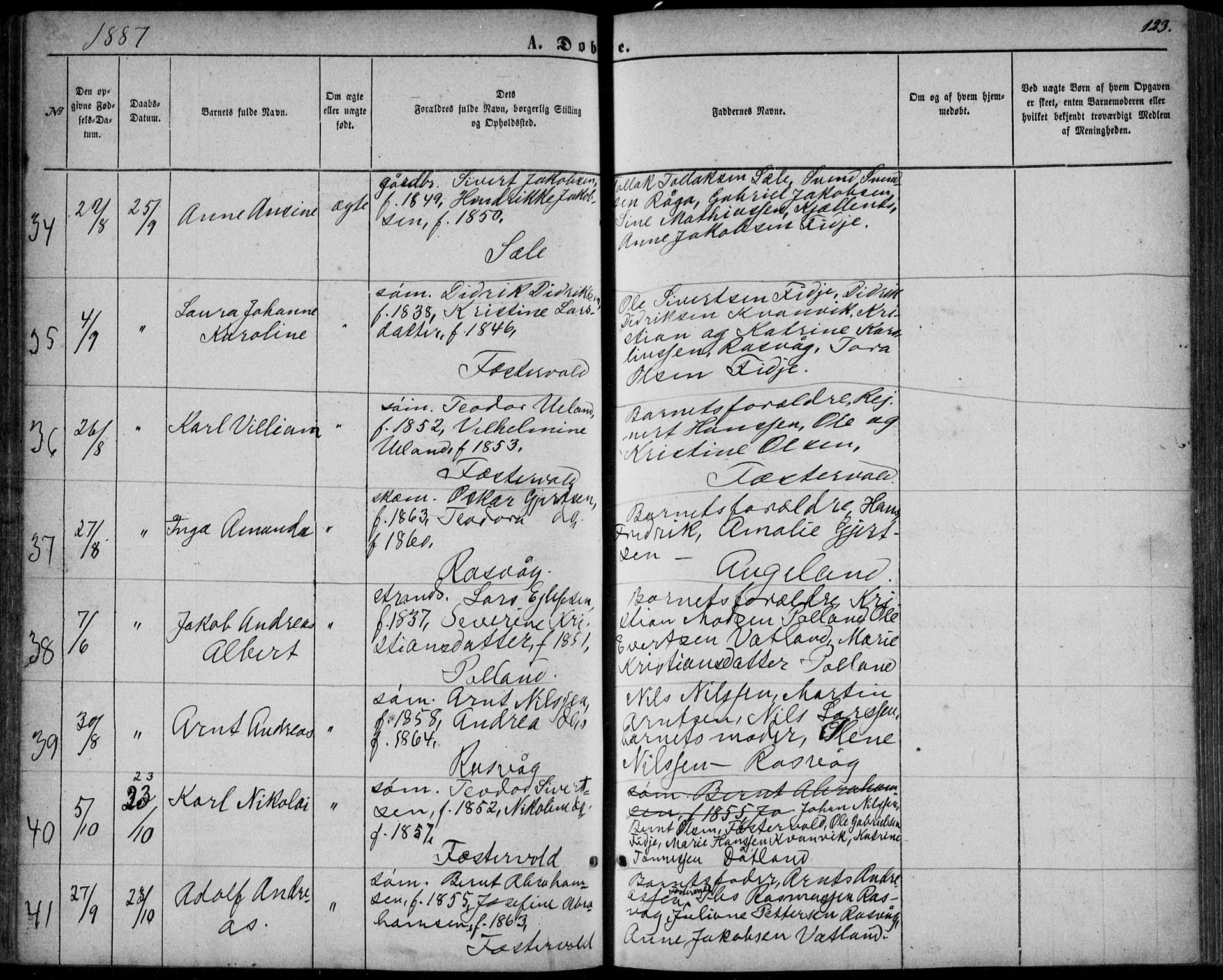 Flekkefjord sokneprestkontor, AV/SAK-1111-0012/F/Fb/Fbb/L0003: Parish register (copy) no. B 3, 1867-1889, p. 123