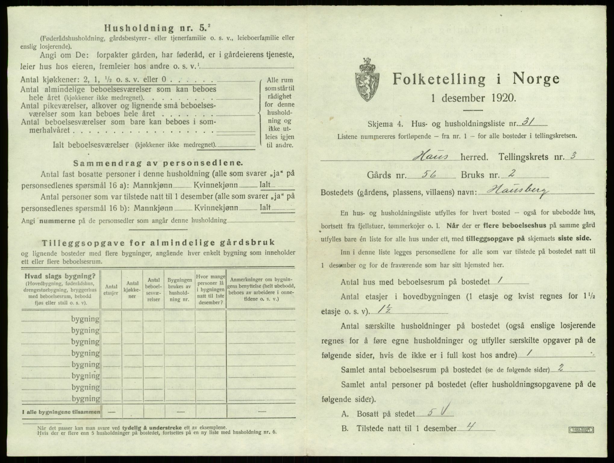 SAB, 1920 census for Haus, 1920, p. 253