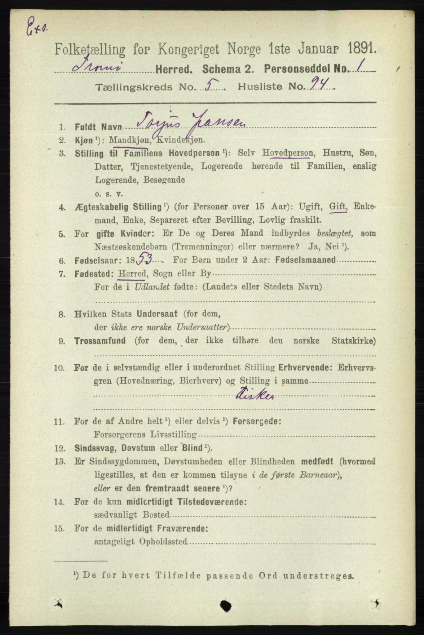 RA, Census 1891 for Nedenes amt: Gjenparter av personsedler for beslektede ektefeller, menn, 1891, p. 580