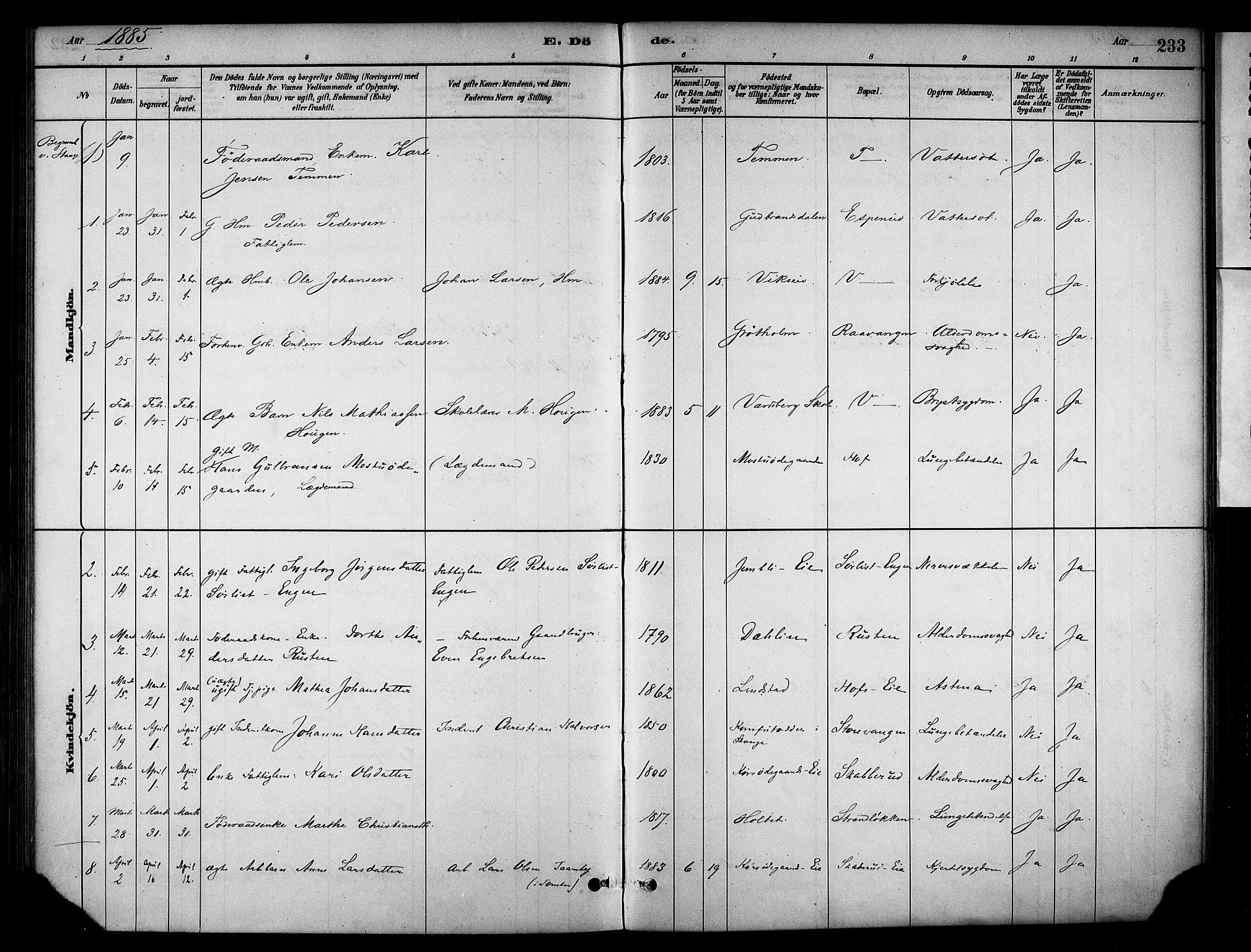 Stange prestekontor, AV/SAH-PREST-002/K/L0018: Parish register (official) no. 18, 1880-1896, p. 233