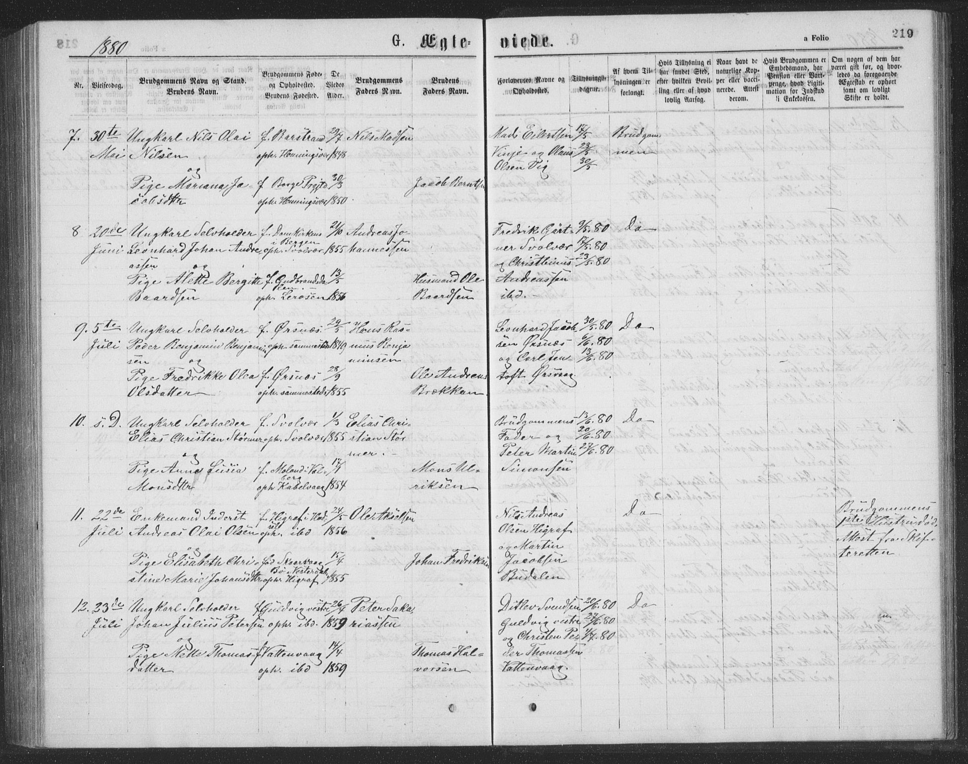 Ministerialprotokoller, klokkerbøker og fødselsregistre - Nordland, AV/SAT-A-1459/874/L1075: Parish register (copy) no. 874C04, 1876-1883, p. 219