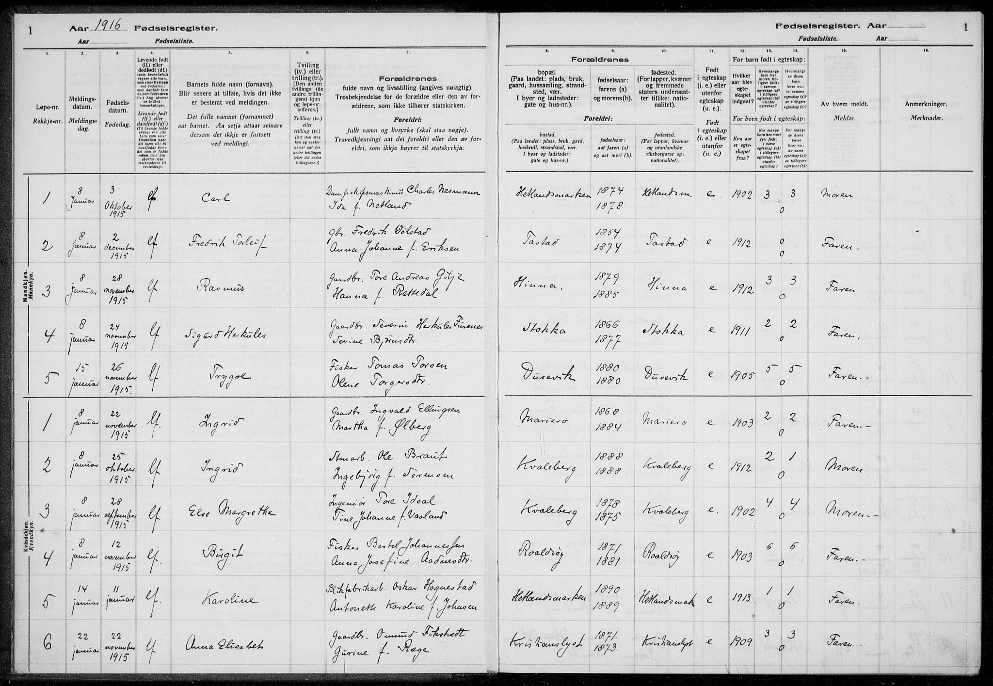Hetland sokneprestkontor, AV/SAST-A-101826/70/704BA/L0003: Birth register no. 1, 1916-1923, p. 1