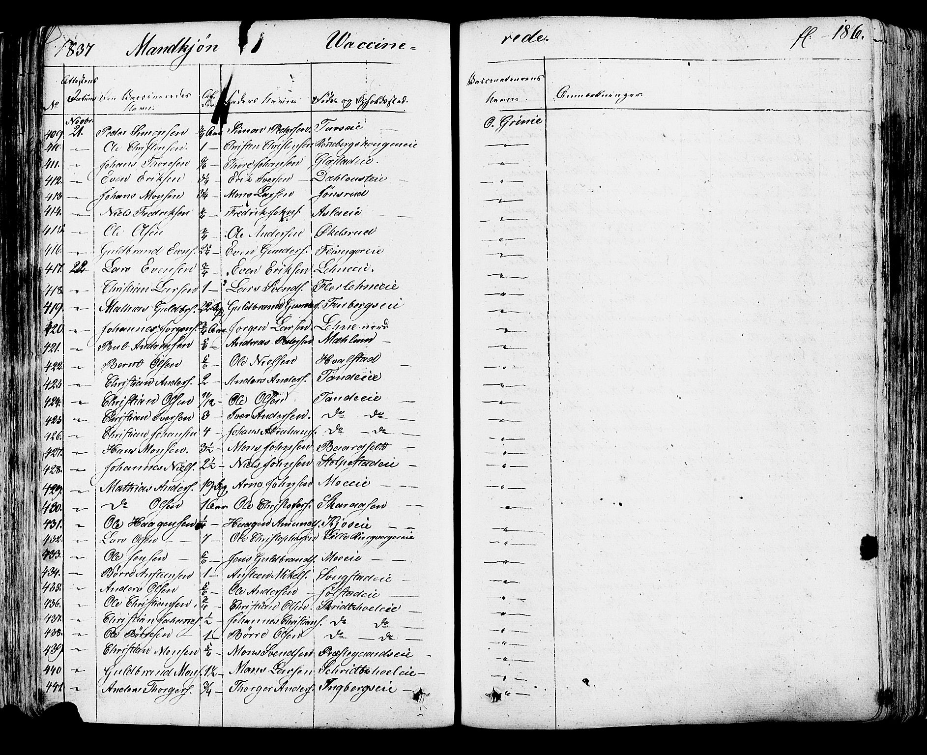 Ringsaker prestekontor, SAH/PREST-014/K/Ka/L0007: Parish register (official) no. 7A, 1826-1837, p. 186