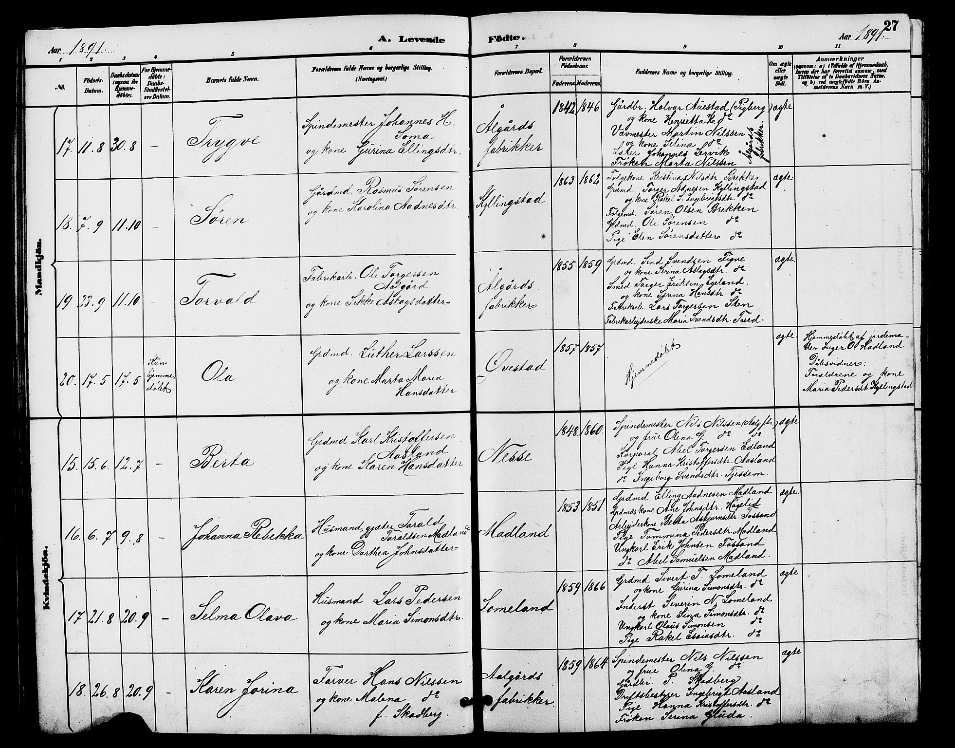 Lye sokneprestkontor, AV/SAST-A-101794/001/30BB/L0008: Parish register (copy) no. B 7, 1887-1901, p. 27