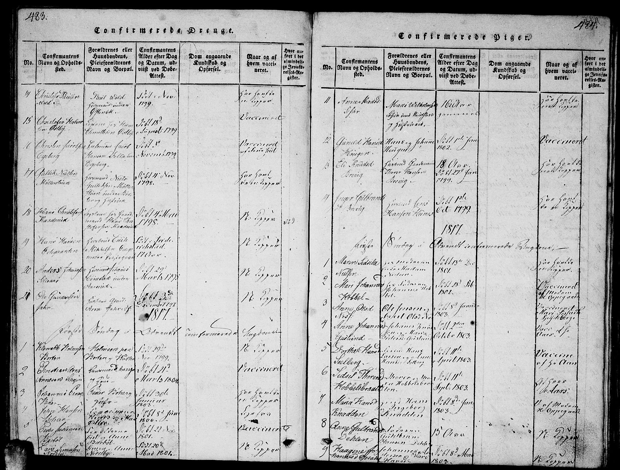 Enebakk prestekontor Kirkebøker, AV/SAO-A-10171c/G/Ga/L0001: Parish register (copy) no. I 1, 1815-1833, p. 483-484