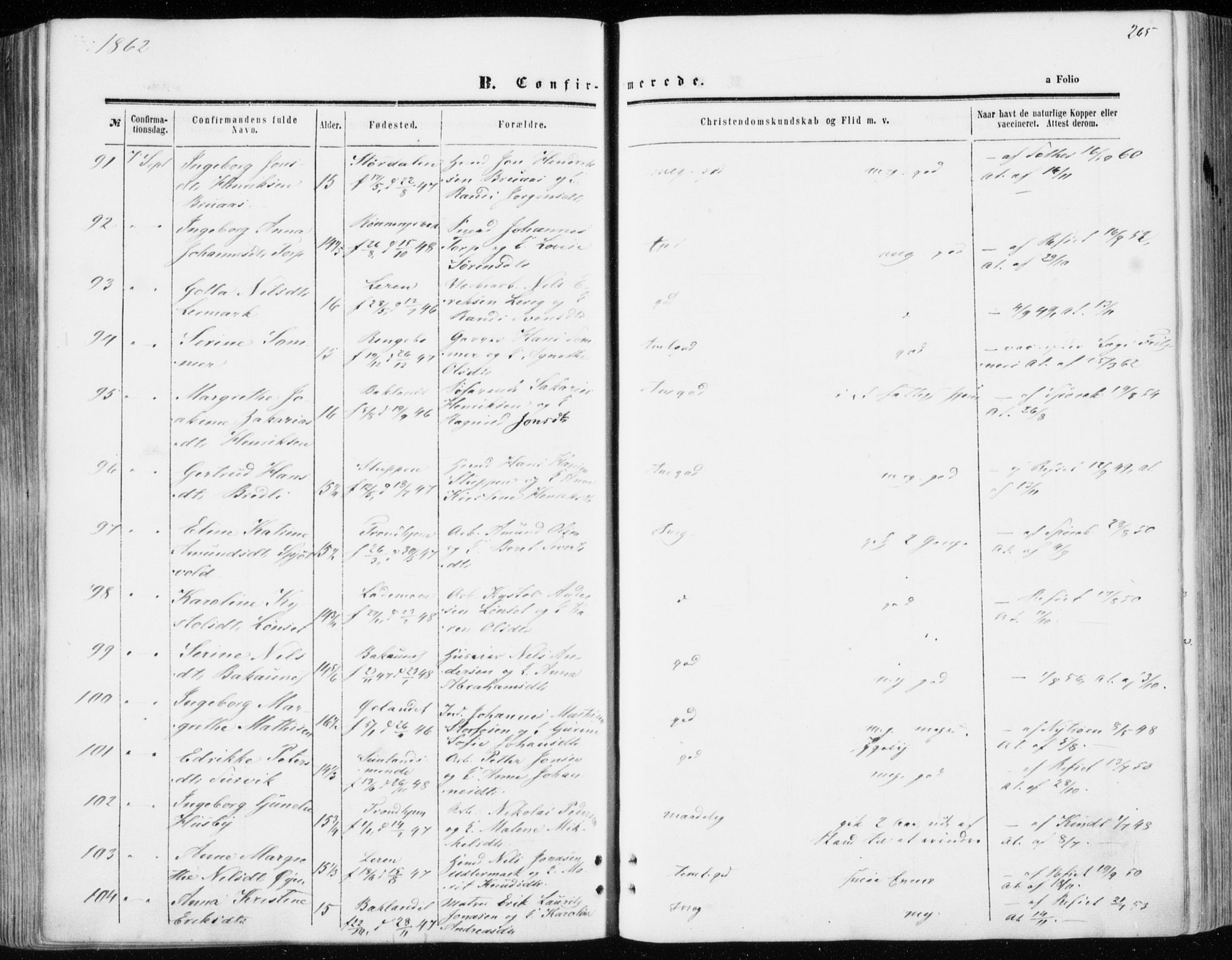 Ministerialprotokoller, klokkerbøker og fødselsregistre - Sør-Trøndelag, SAT/A-1456/606/L0292: Parish register (official) no. 606A07, 1856-1865, p. 265