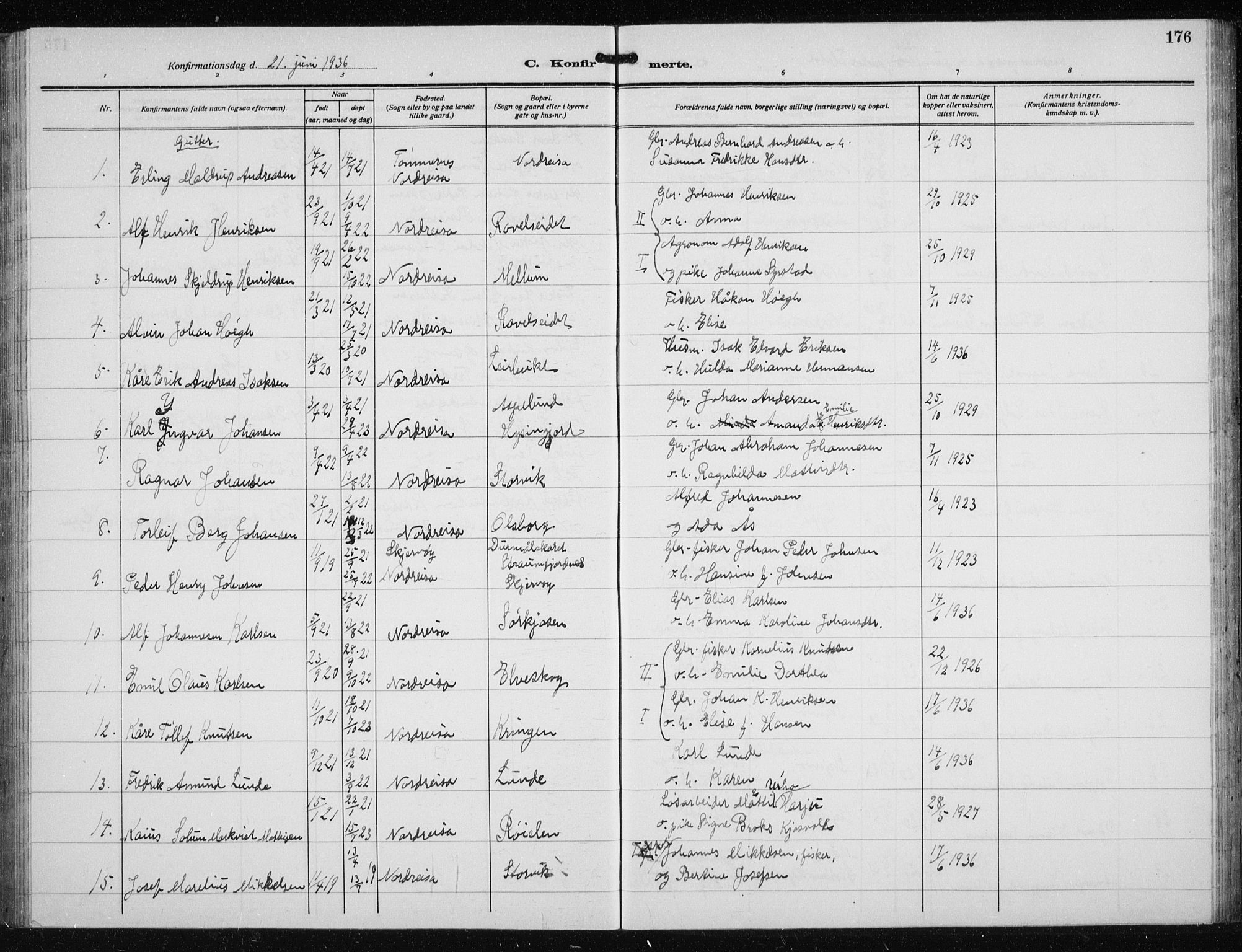 Skjervøy sokneprestkontor, SATØ/S-1300/H/Ha/Hab/L0023klokker: Parish register (copy) no. 23, 1927-1943, p. 176