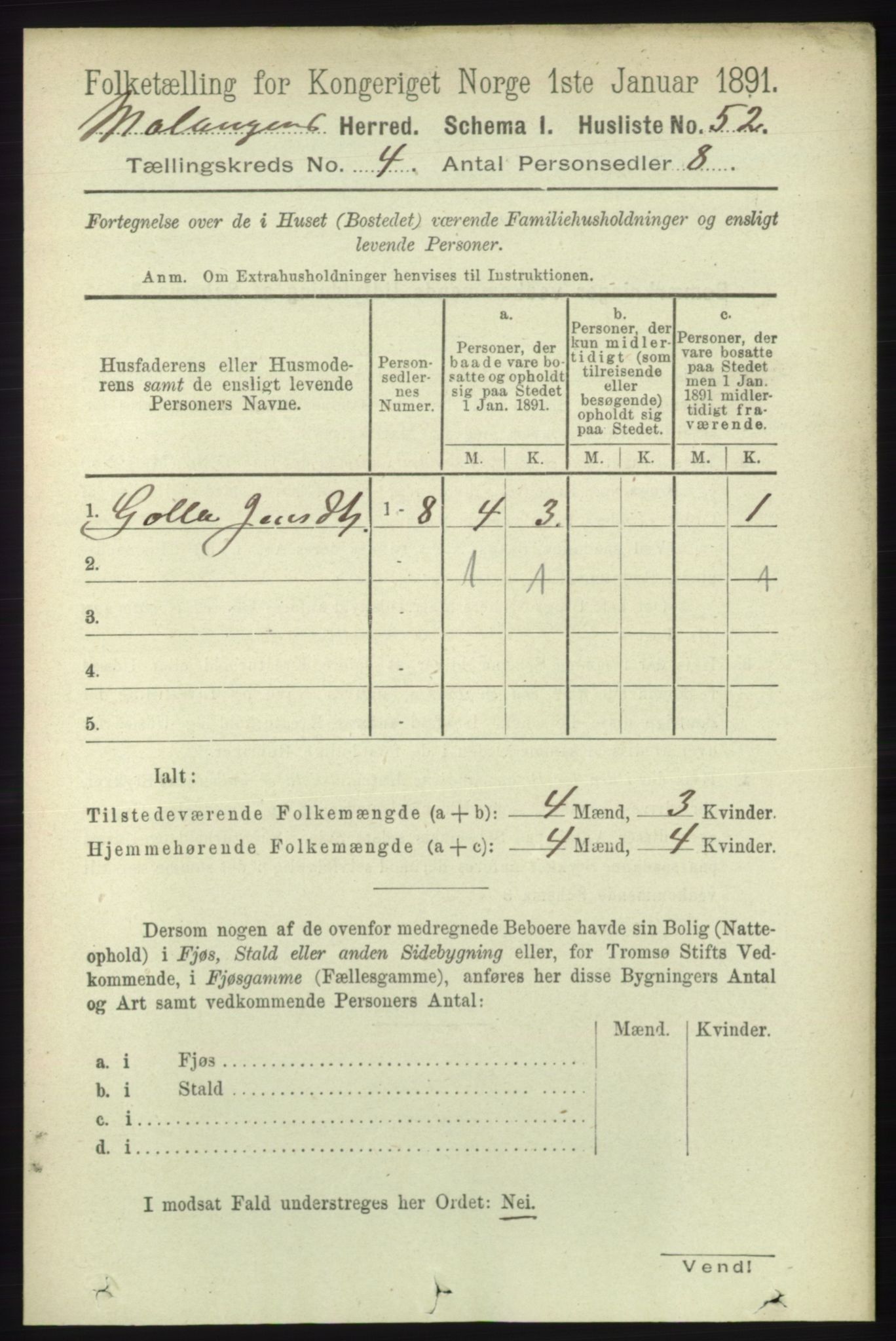 RA, 1891 census for 1932 Malangen, 1891, p. 1087