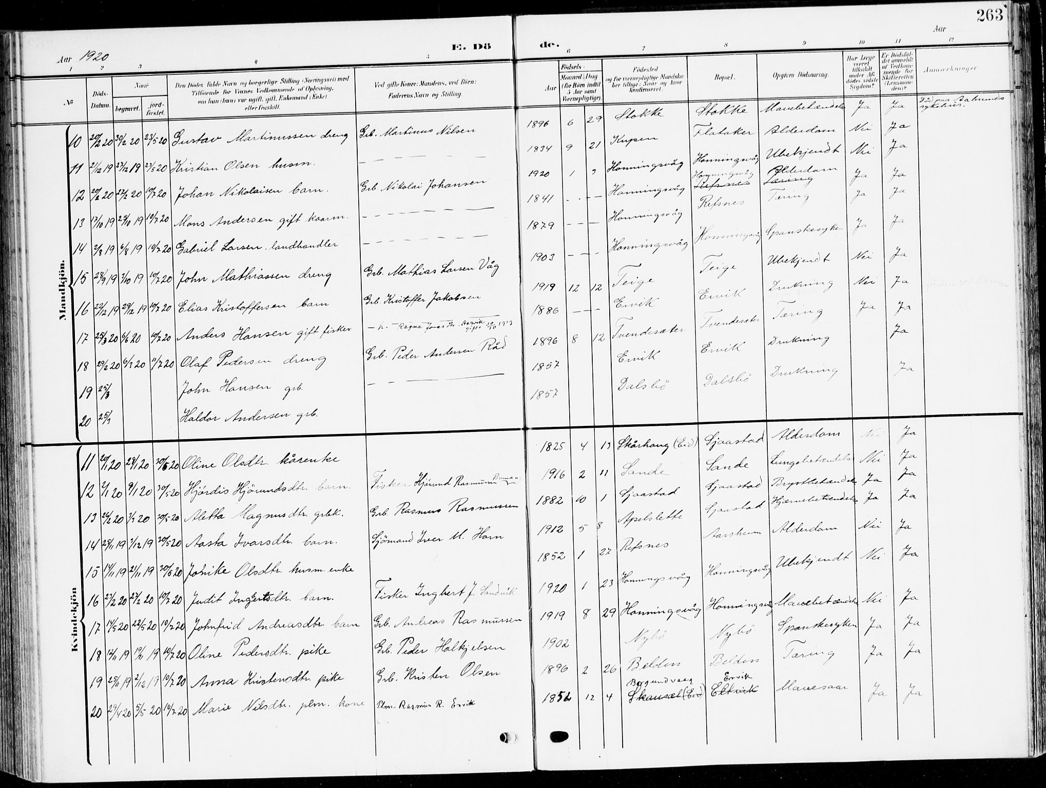 Selje sokneprestembete, SAB/A-99938/H/Ha/Haa/Haab: Parish register (official) no. B 3, 1908-1923, p. 263