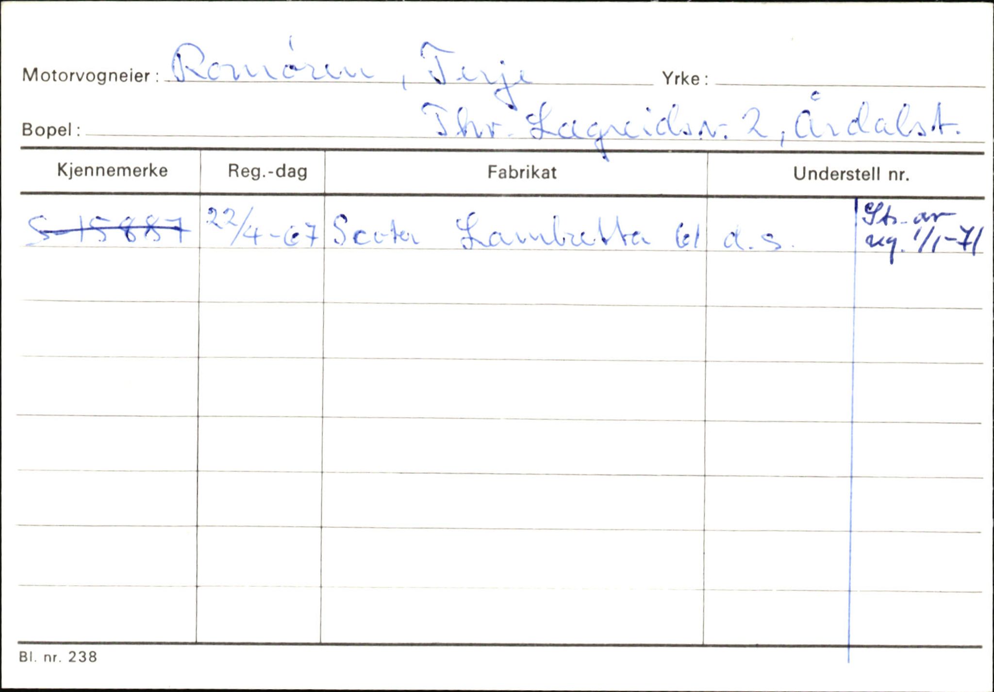 Statens vegvesen, Sogn og Fjordane vegkontor, SAB/A-5301/4/F/L0146: Registerkort Årdal R-Å samt diverse kort, 1945-1975, p. 68