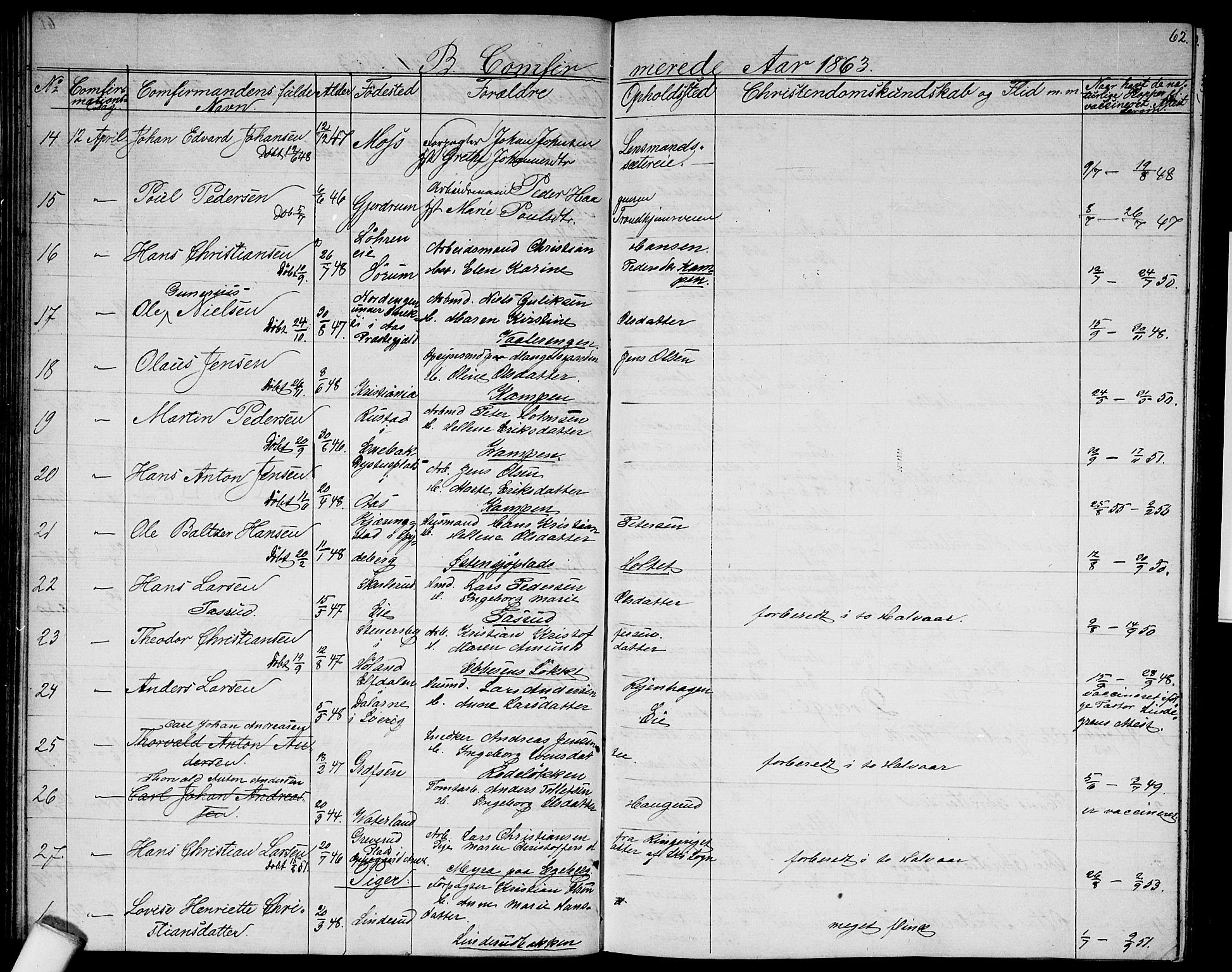 Østre Aker prestekontor Kirkebøker, SAO/A-10840/G/Ga/L0001: Parish register (copy) no. I 1, 1861-1864, p. 62