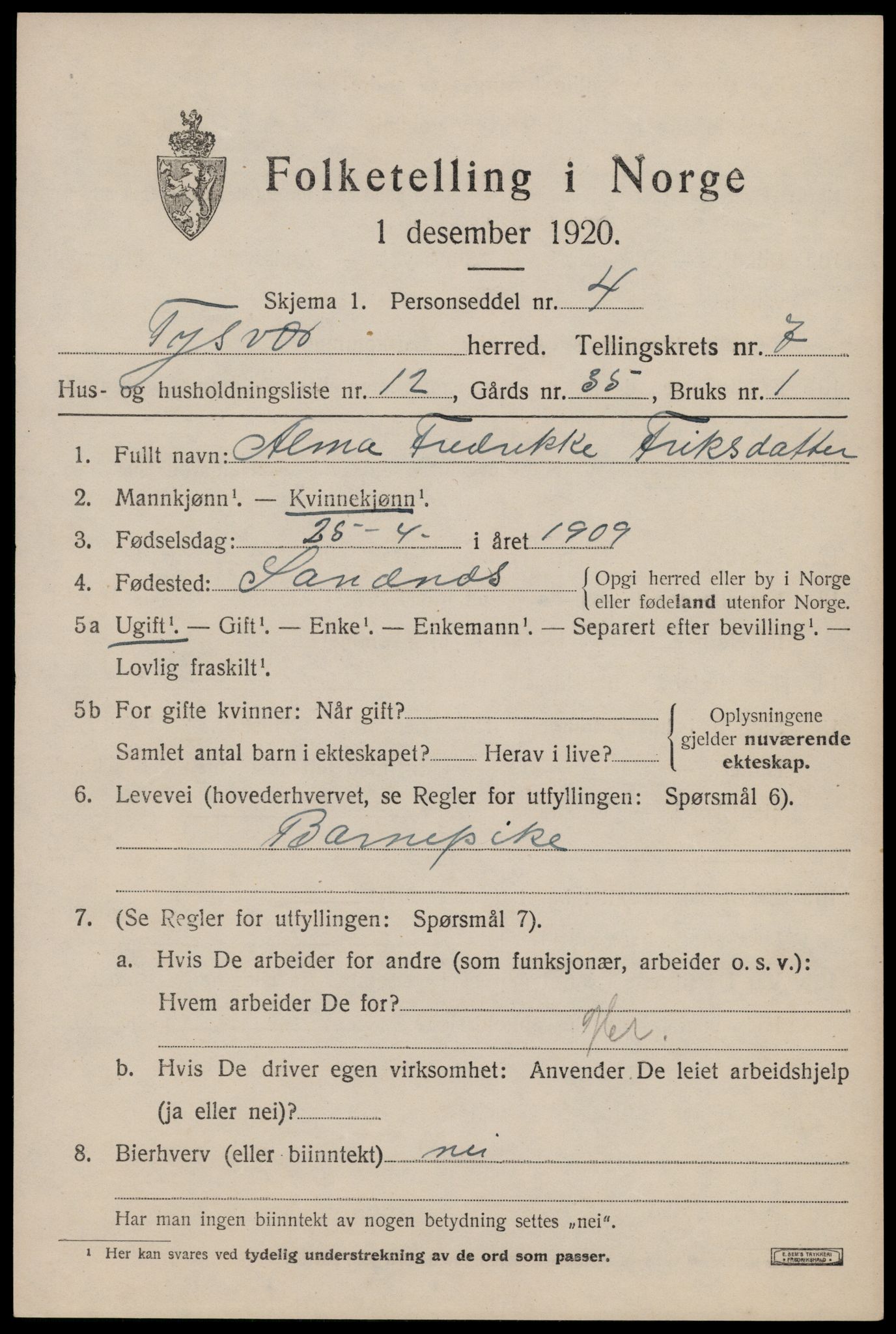 SAST, 1920 census for Tysvær, 1920, p. 2532