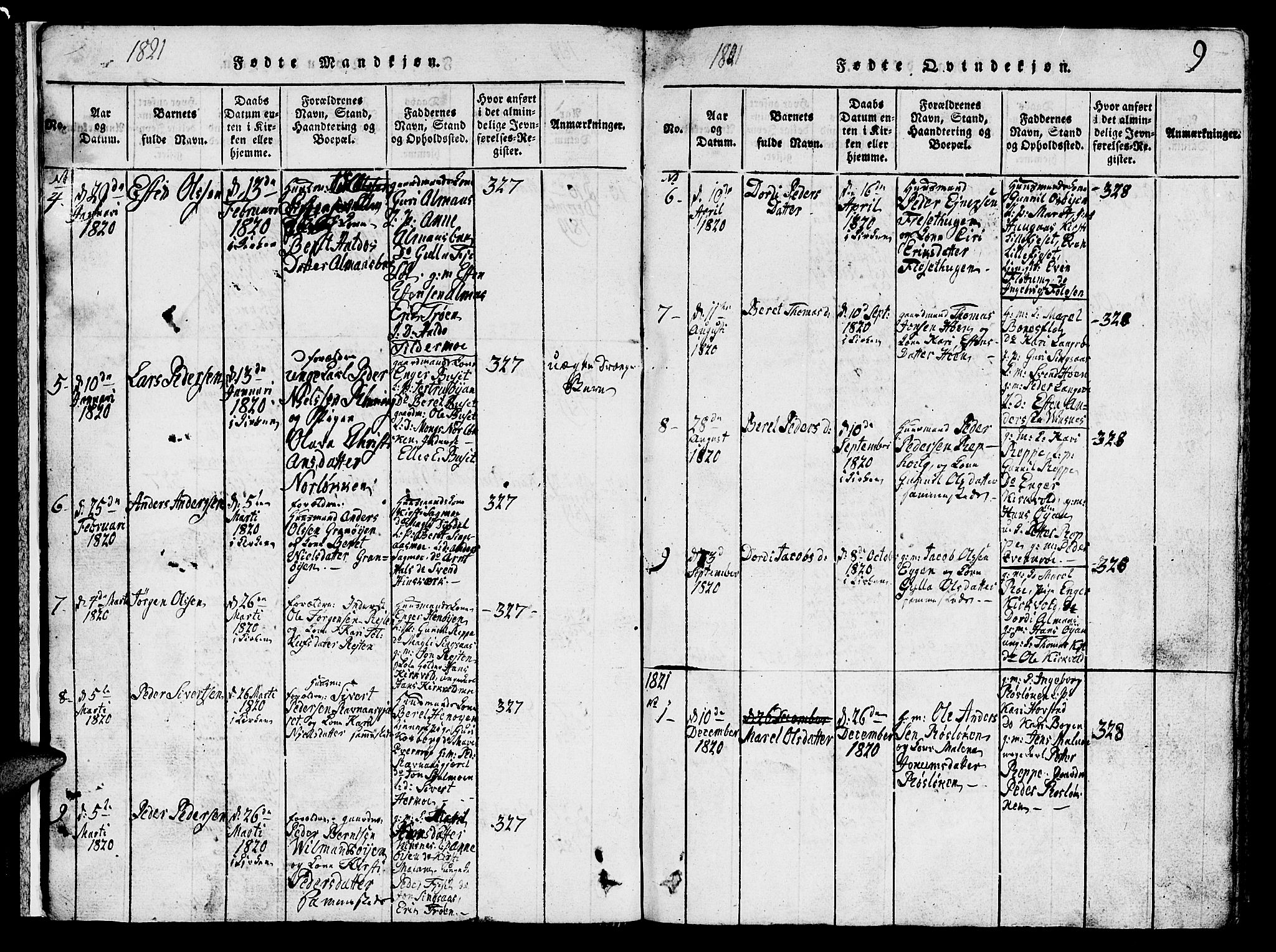 Ministerialprotokoller, klokkerbøker og fødselsregistre - Sør-Trøndelag, SAT/A-1456/688/L1026: Parish register (copy) no. 688C01, 1817-1860, p. 9