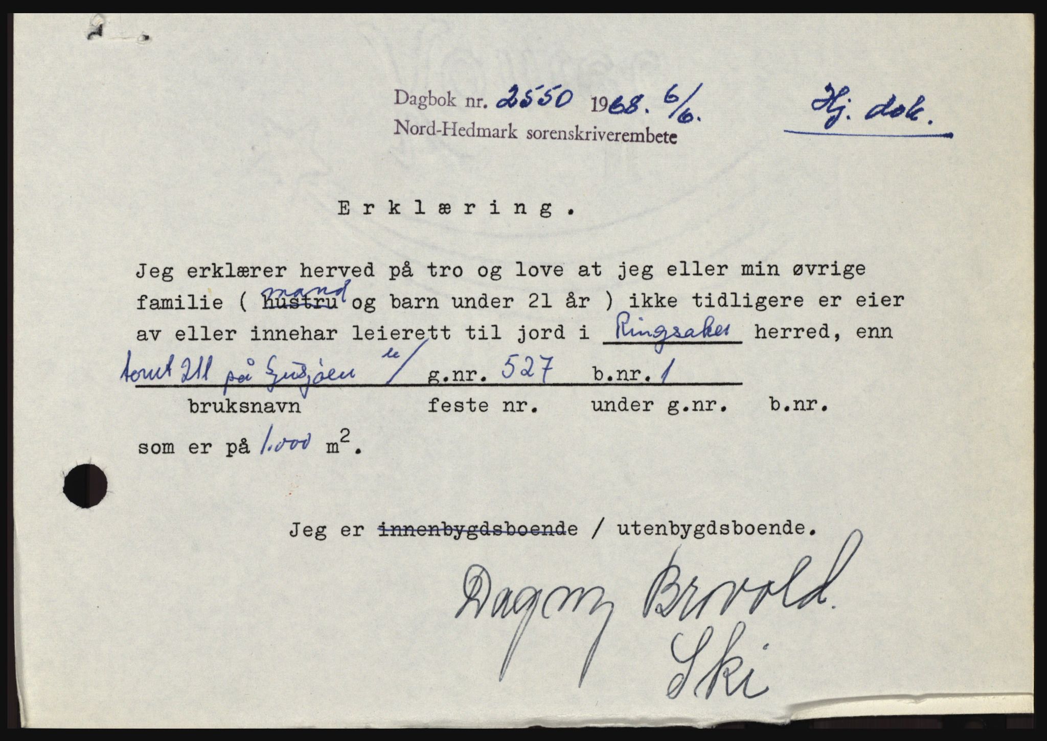 Nord-Hedmark sorenskriveri, SAH/TING-012/H/Hc/L0028: Mortgage book no. 28, 1968-1968, Diary no: : 2550/1968