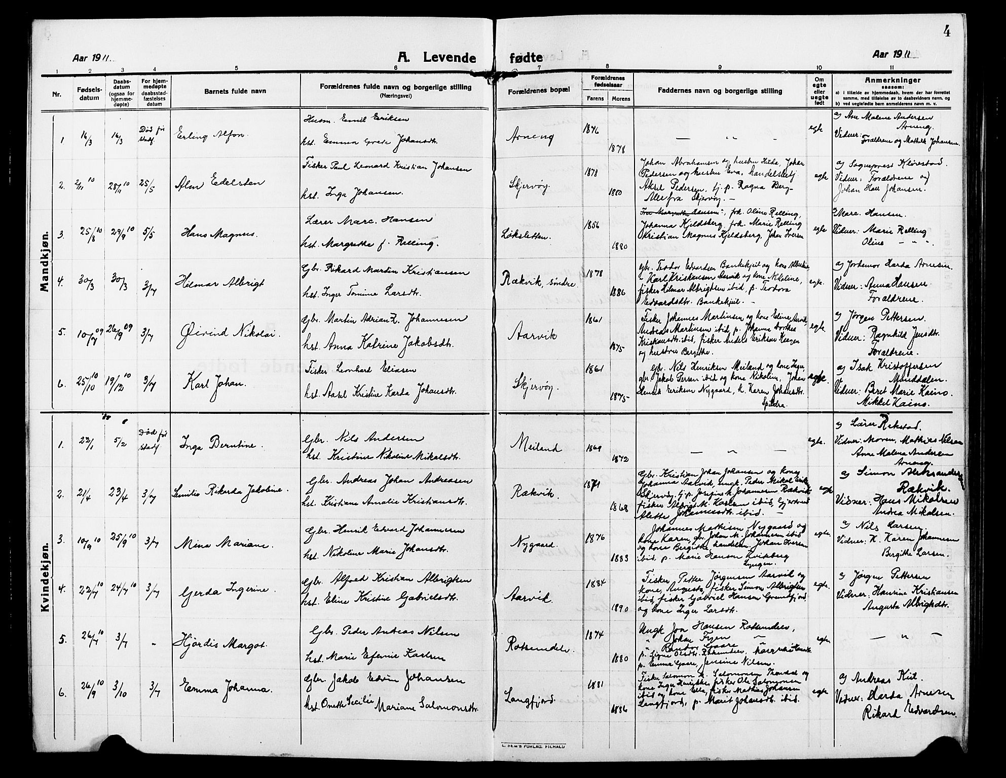 Skjervøy sokneprestkontor, AV/SATØ-S-1300/H/Ha/Hab/L0009klokker: Parish register (copy) no. 9, 1911-1926, p. 4