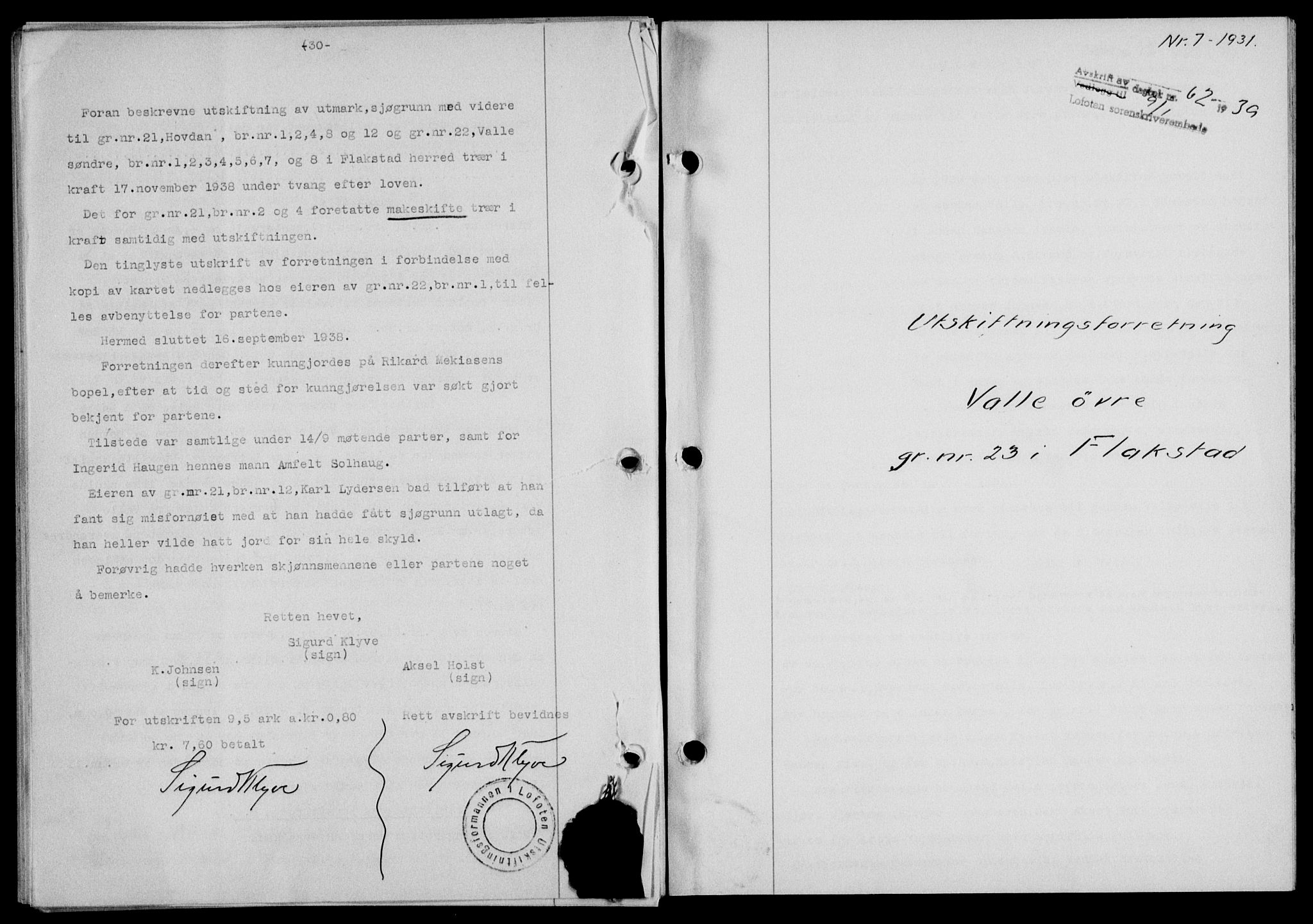 Lofoten sorenskriveri, SAT/A-0017/1/2/2C/L0005a: Mortgage book no. 5a, 1939-1939, Diary no: : 62/1939