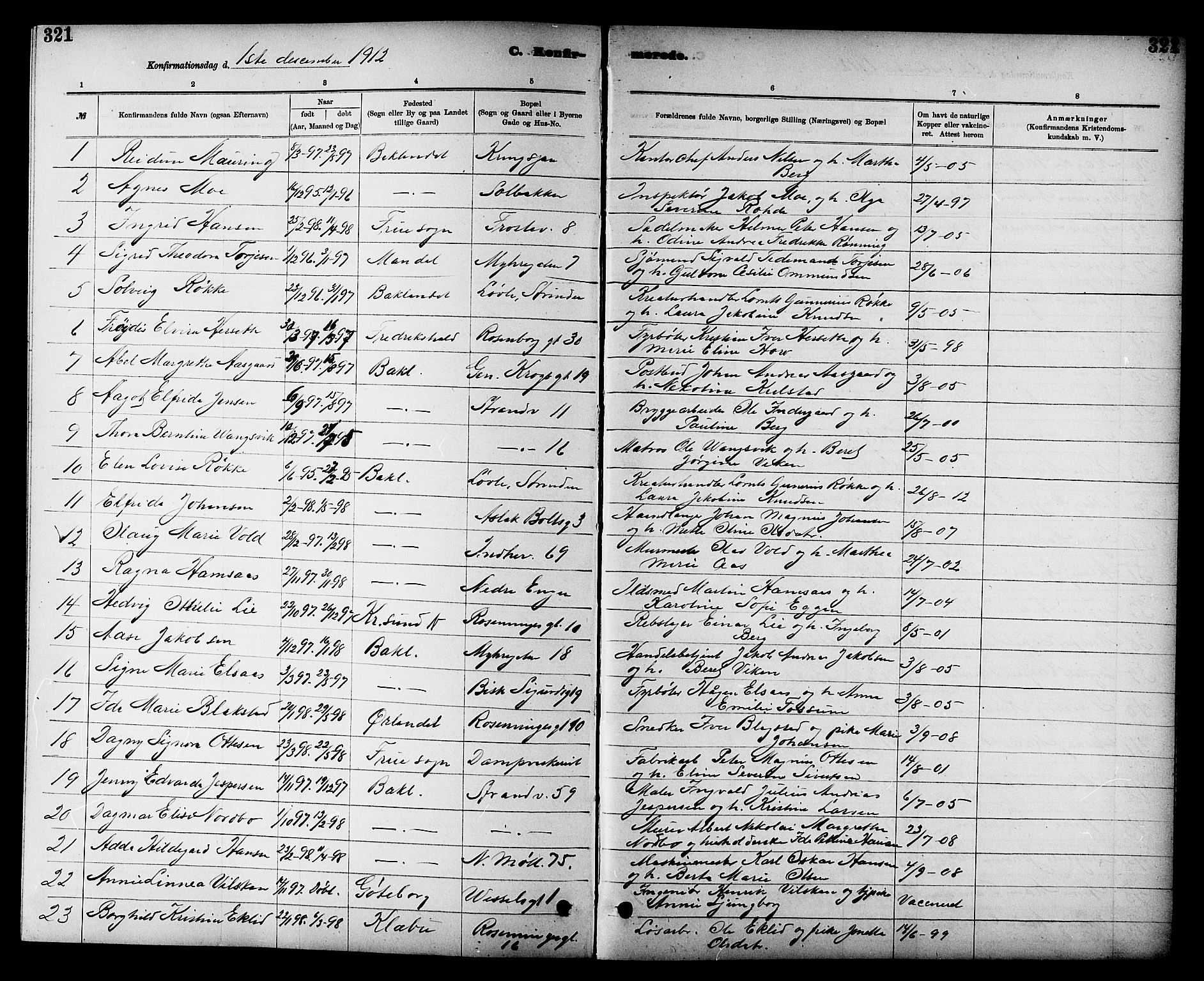Ministerialprotokoller, klokkerbøker og fødselsregistre - Sør-Trøndelag, SAT/A-1456/605/L0254: Parish register (copy) no. 605C01, 1908-1916, p. 321
