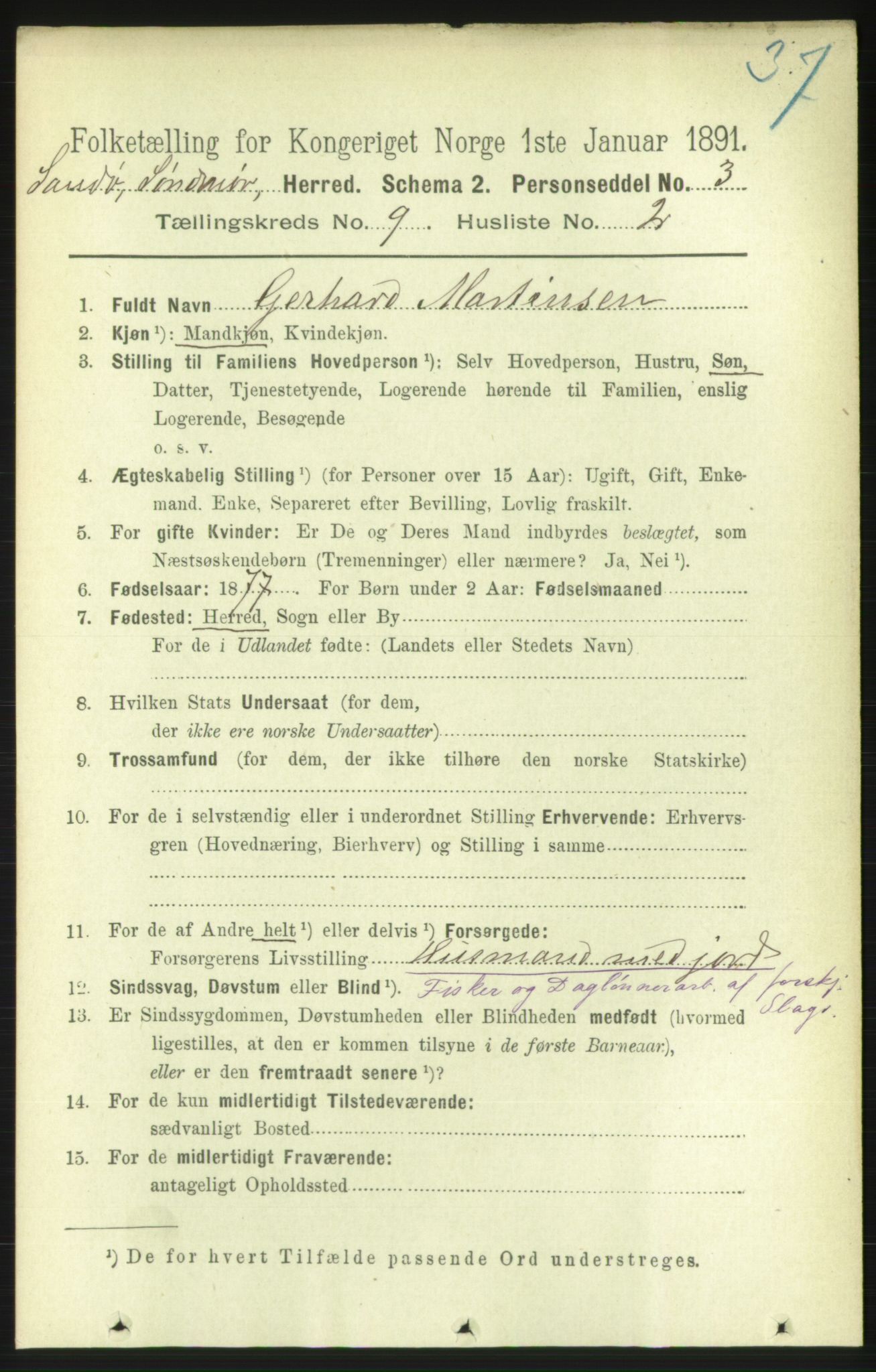 RA, 1891 census for 1514 Sande, 1891, p. 1504