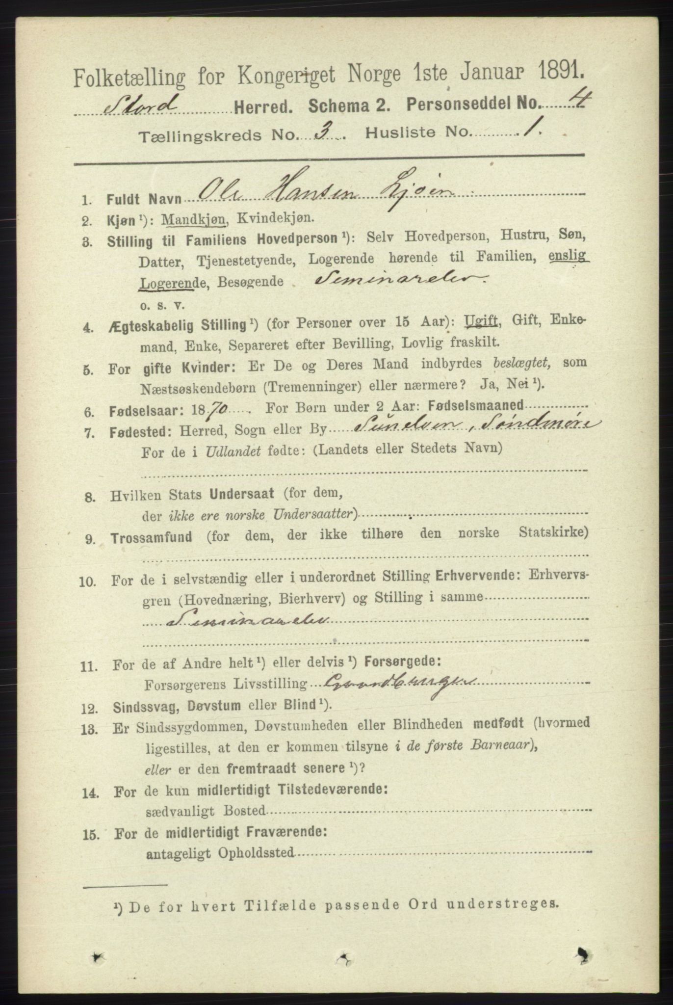 RA, 1891 census for 1221 Stord, 1891, p. 536