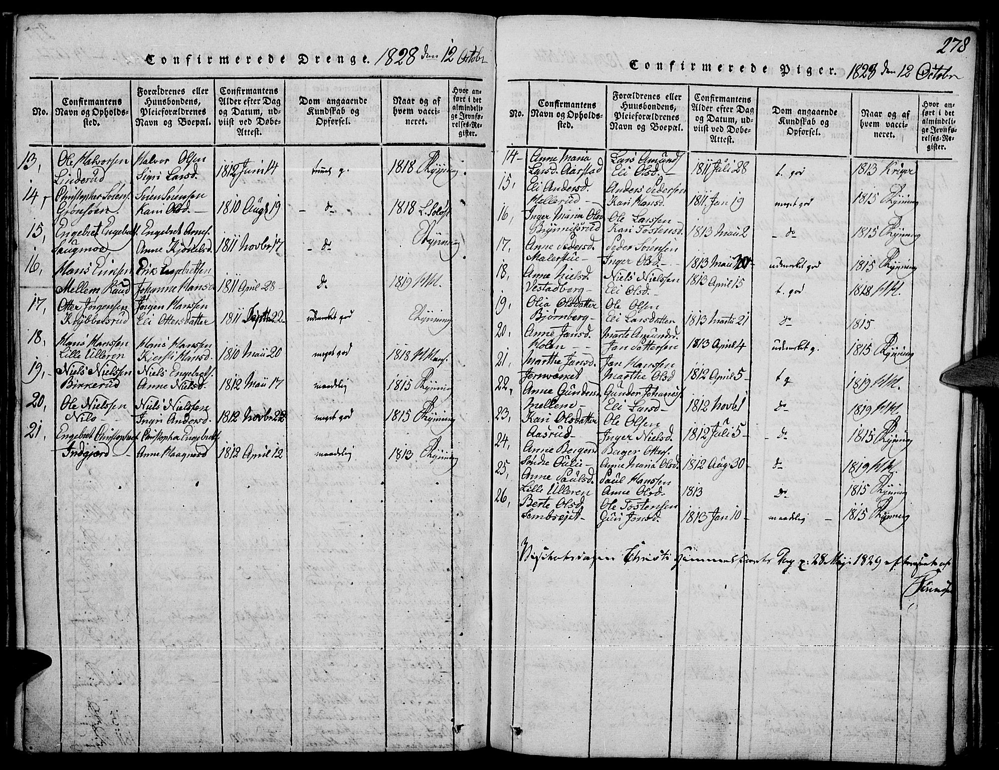 Strøm-Odalen prestekontor, SAH/PREST-028/H/Ha/Haa/L0006: Parish register (official) no. 6, 1814-1850, p. 278