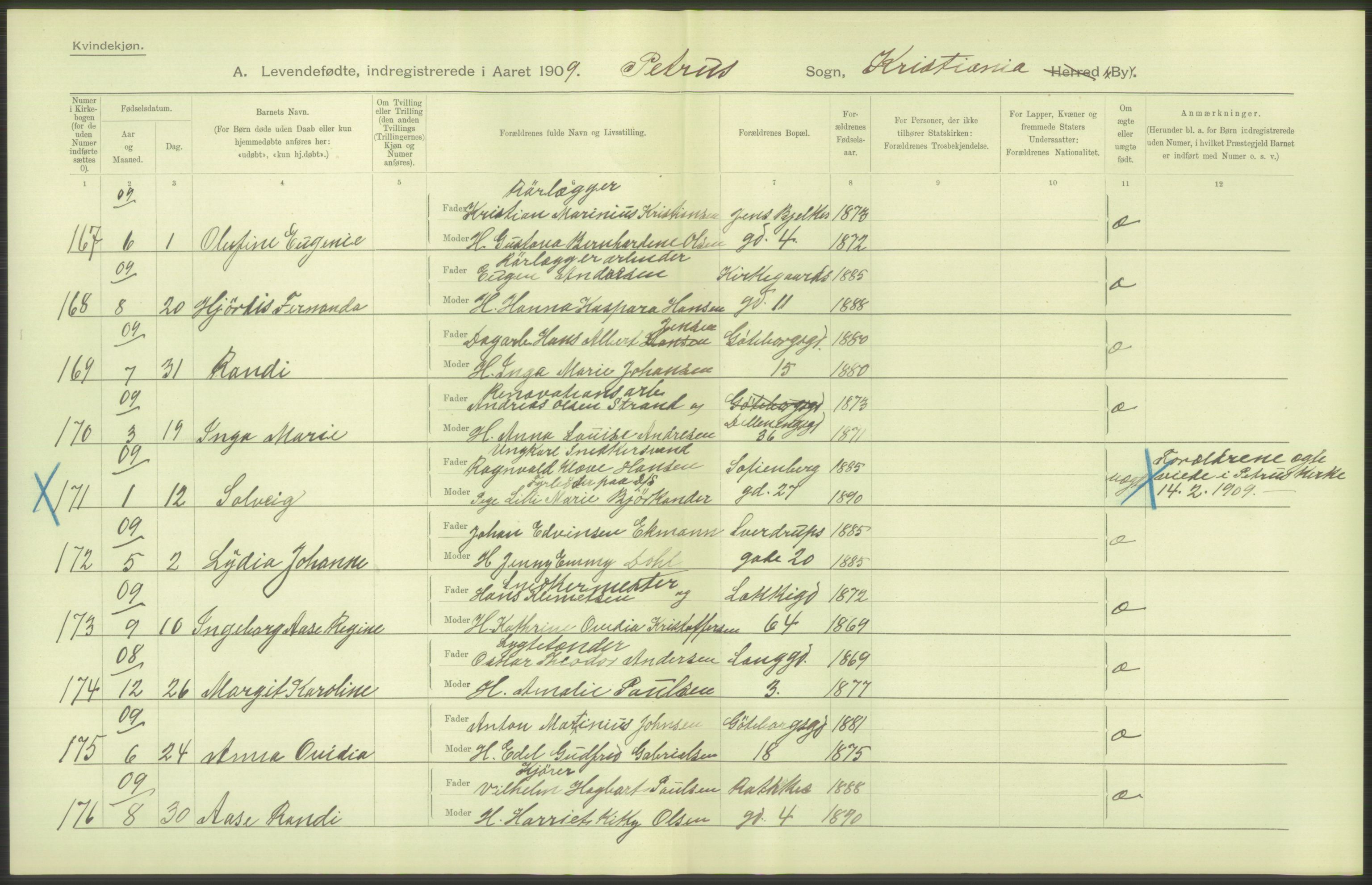 Statistisk sentralbyrå, Sosiodemografiske emner, Befolkning, RA/S-2228/D/Df/Dfa/Dfag/L0007: Kristiania: Levendefødte menn og kvinner., 1909, p. 610